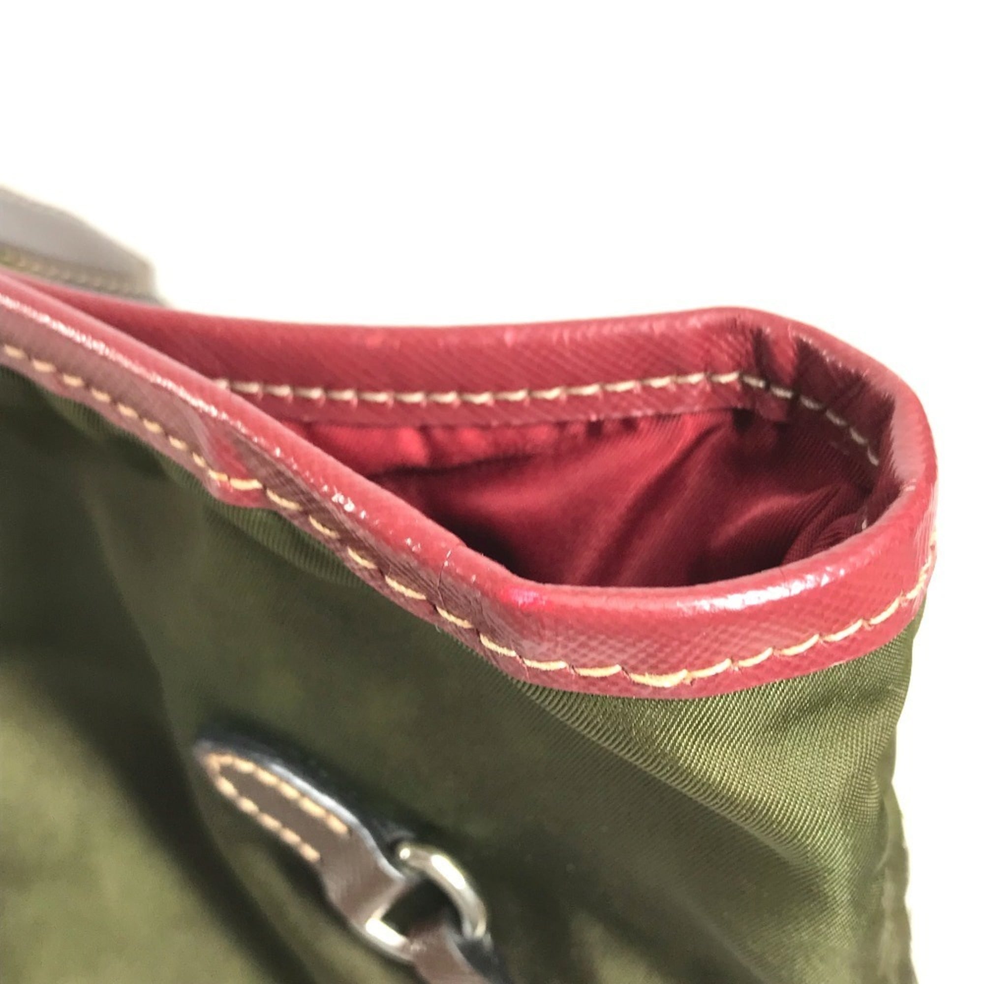 Prada Khaki Red Color Leather Nylon Shoulder Bag Tote Bag (Pre-Owned)