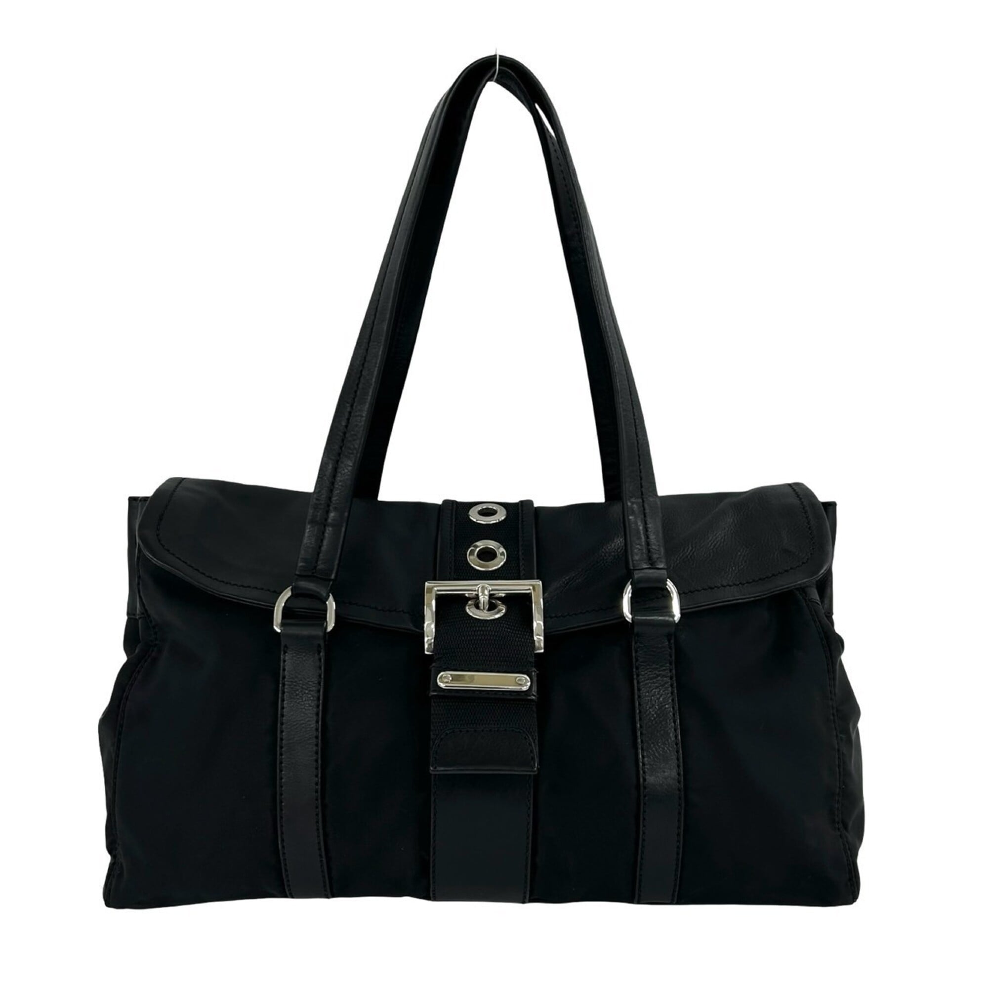 Prada Black Nylon Leather Shoulder Bag Tote Bag (Pre-Owned)