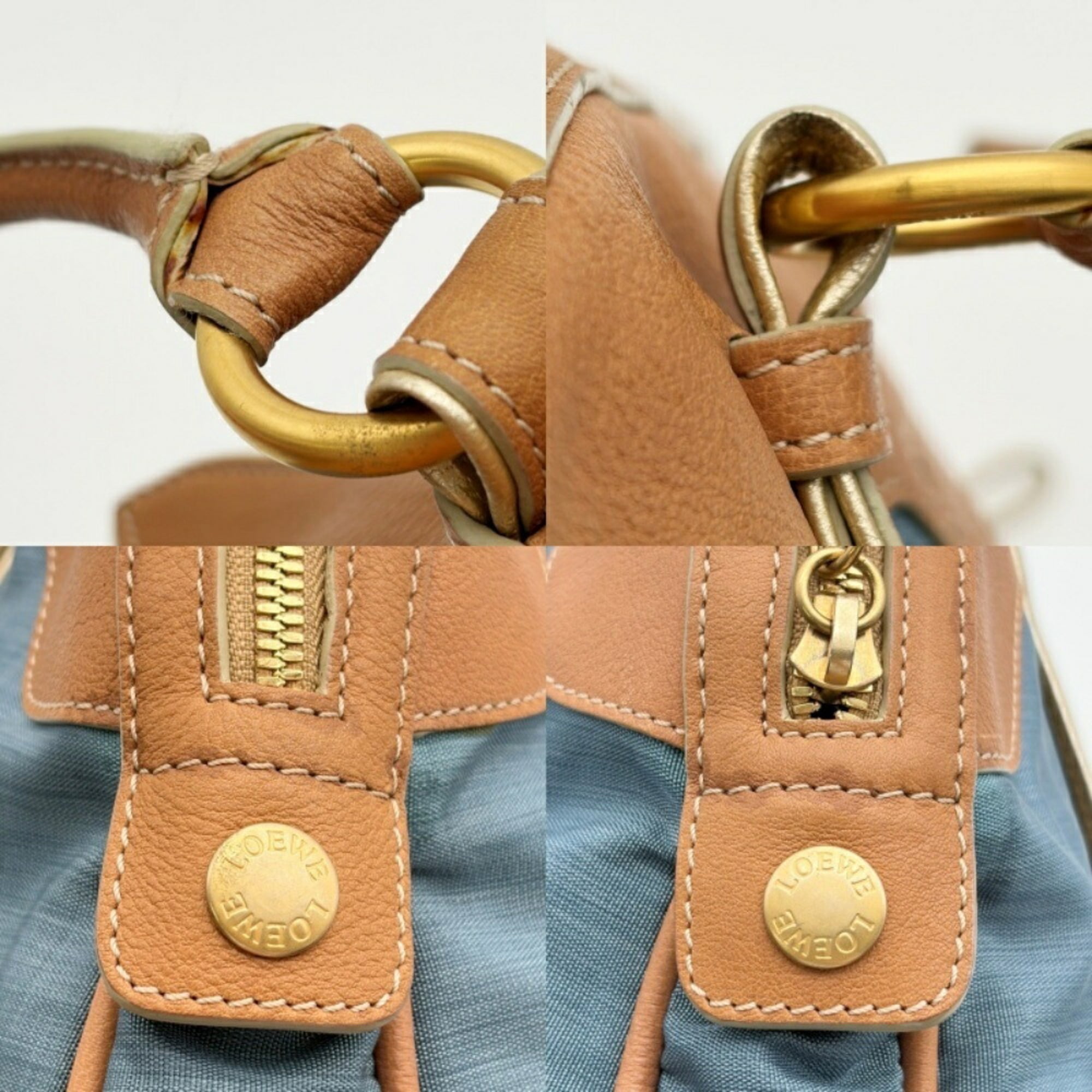 Loewe Beige Blue Nylon Leather Boston Bag Tote Bag (Pre-Owned)