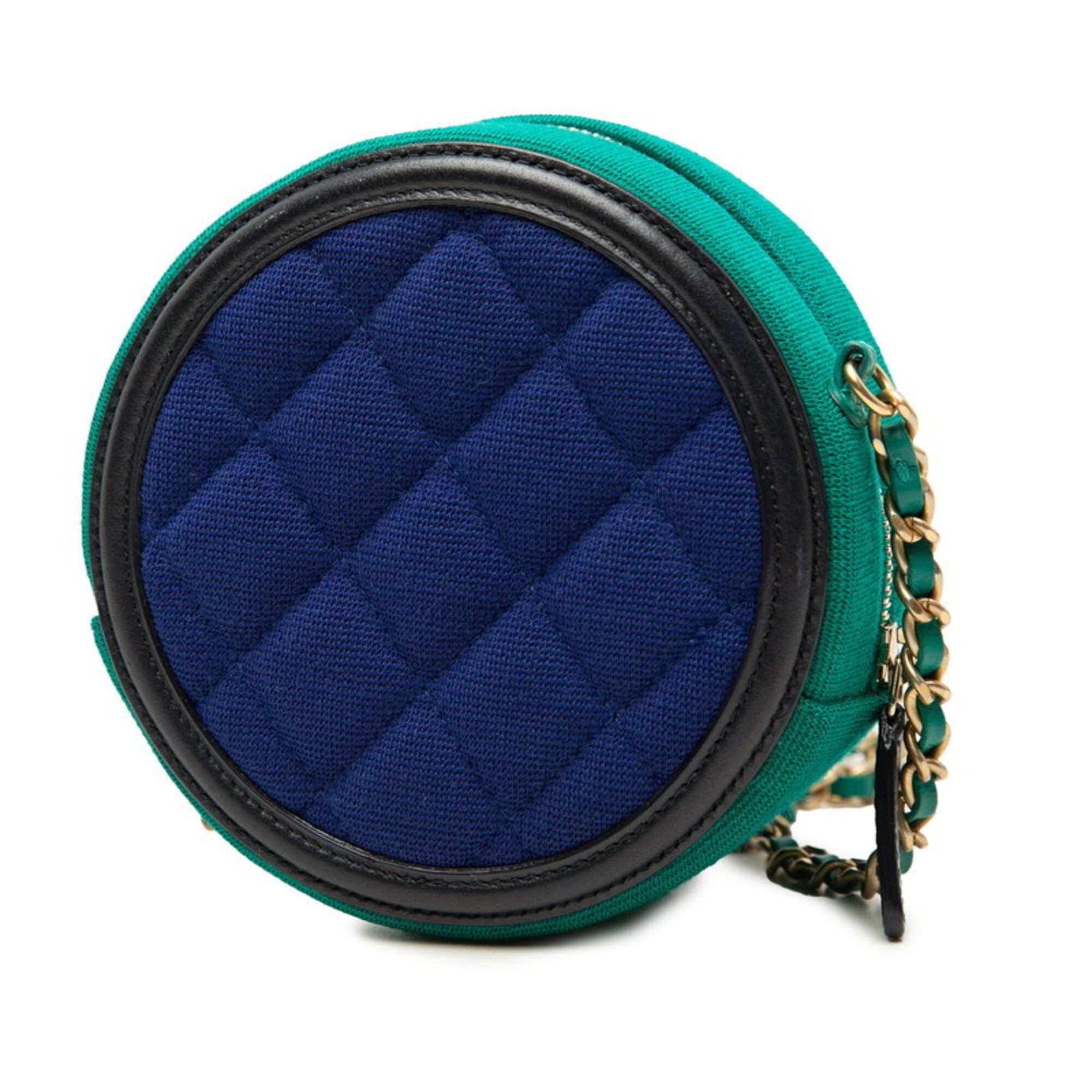 Chanel Black Blue Green Cotton Leather Shoulder Bag (Pre-Owned)