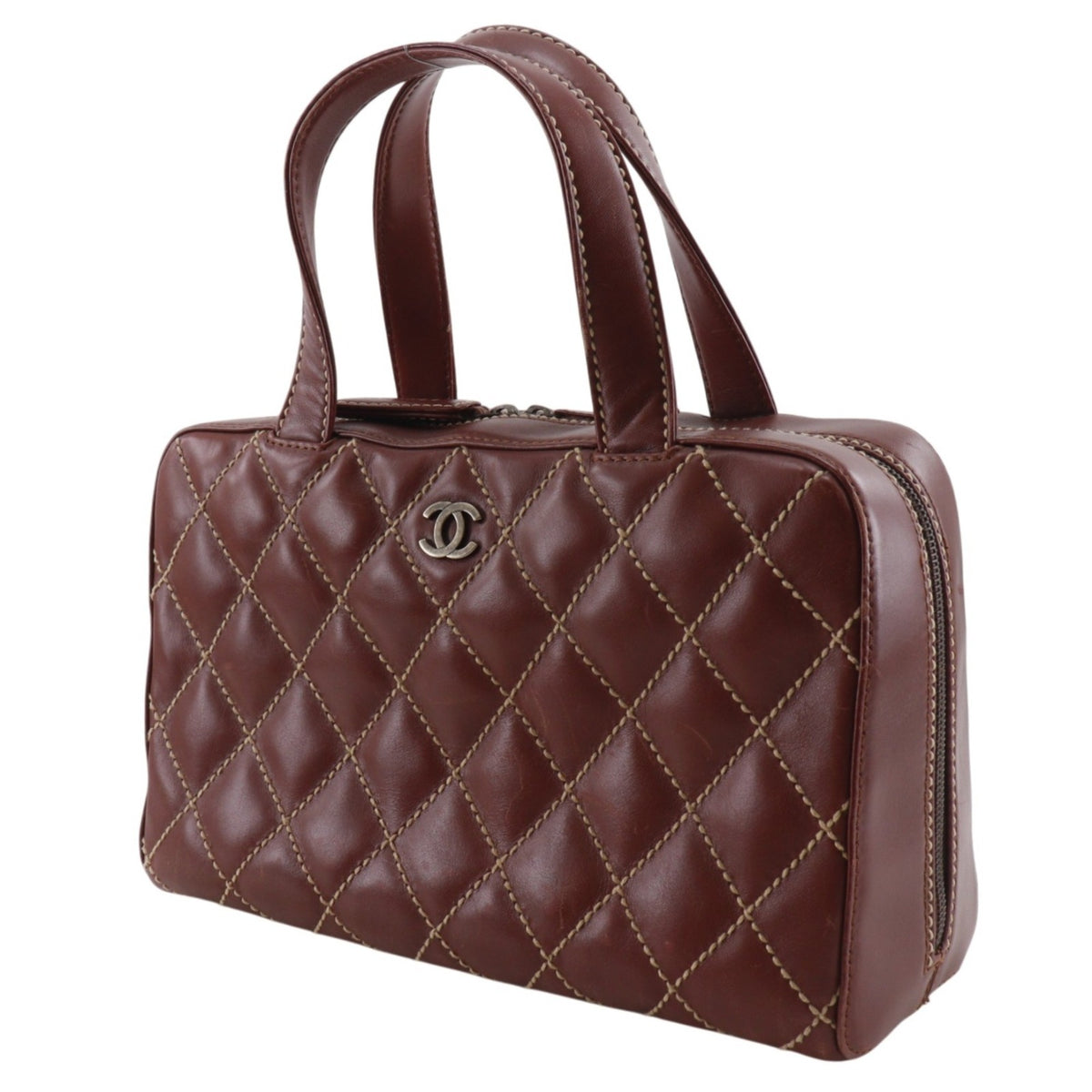 Chanel Wild Stitch Brown Red Color Leather Handbag (Pre-Owned)