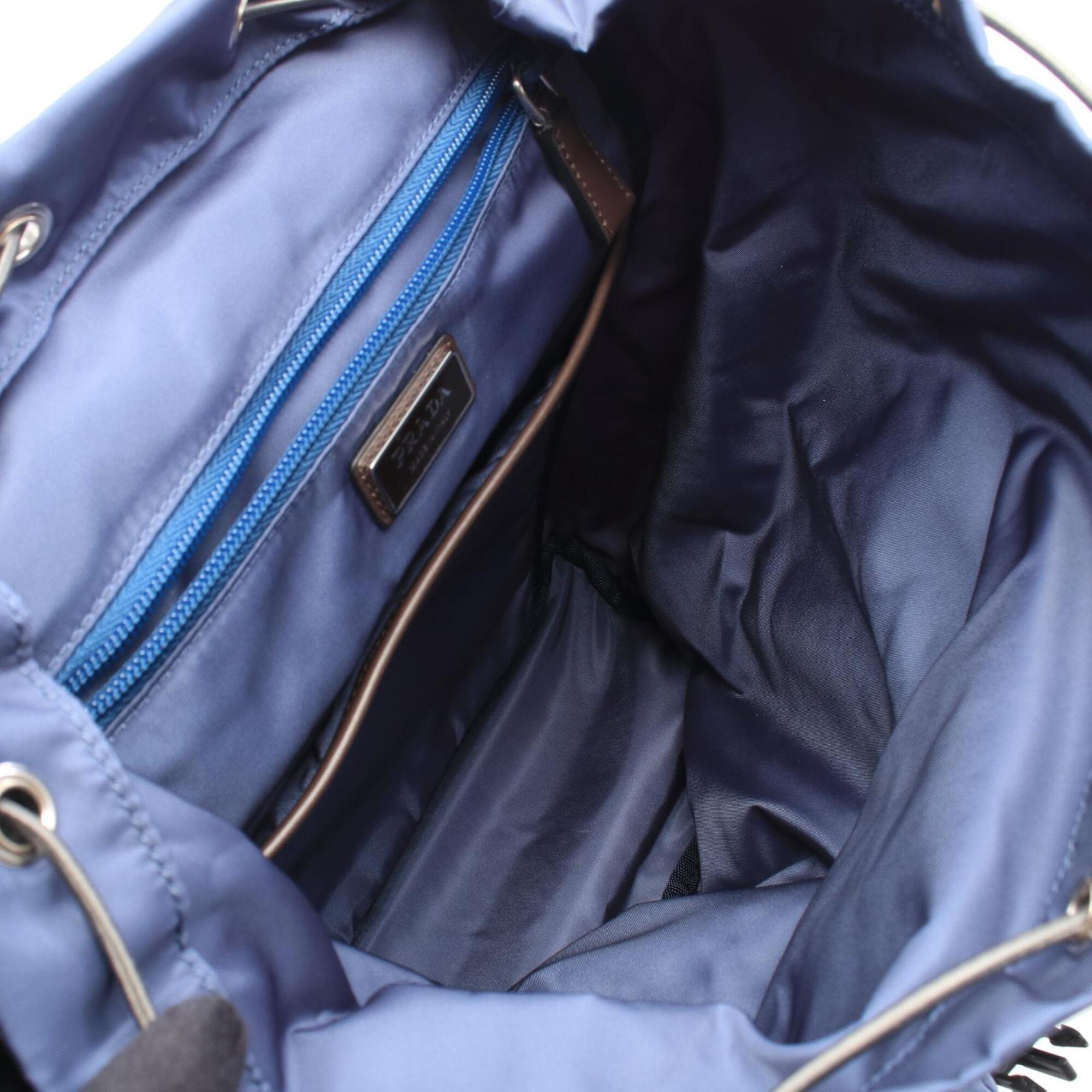 Prada Blue Brown Nylon Leather Backpack Handbag (Pre-Owned)