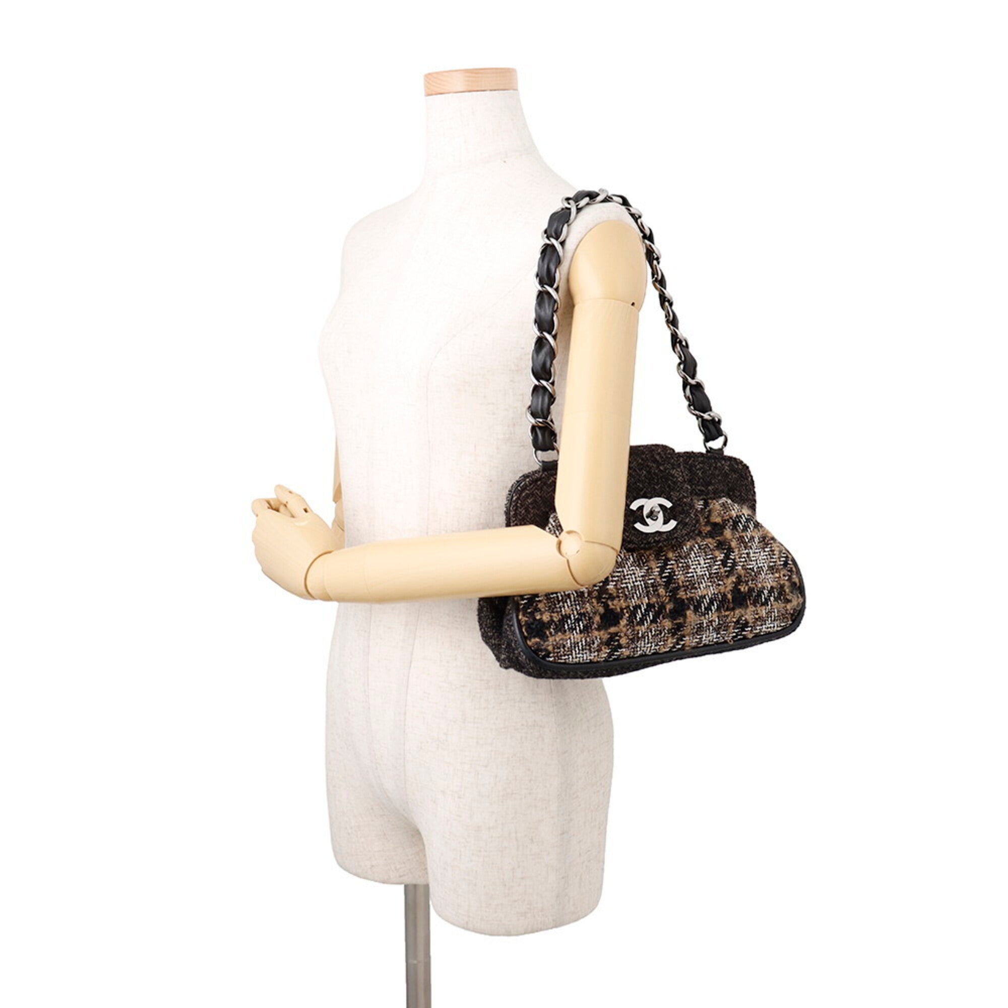 Chanel Black Dark Brown Multi-Color Tweed Leather Shoulder Bag (Pre-Owned)