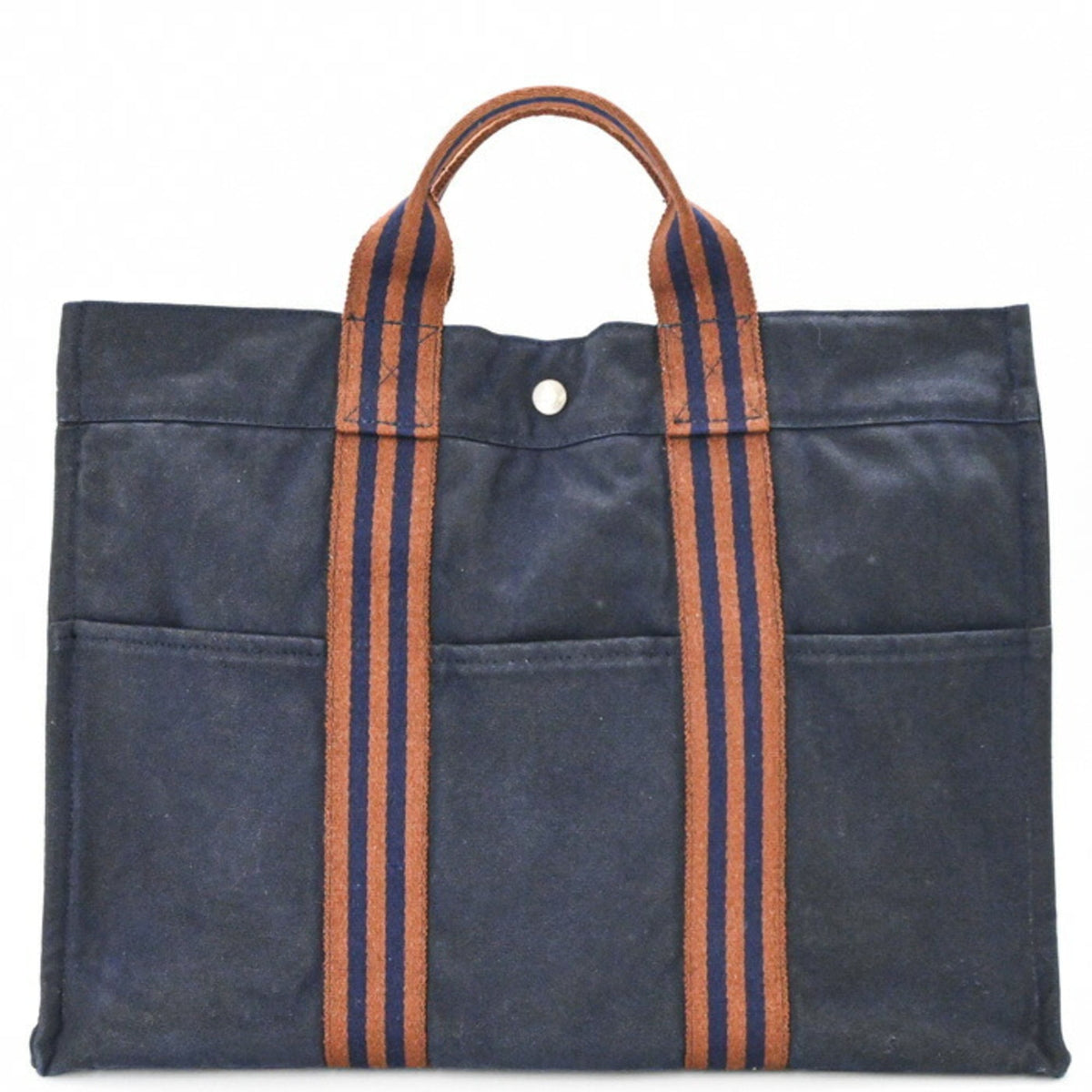 Hermes Brown Navy Canvas Handbag Tote Bag (Pre-Owned)