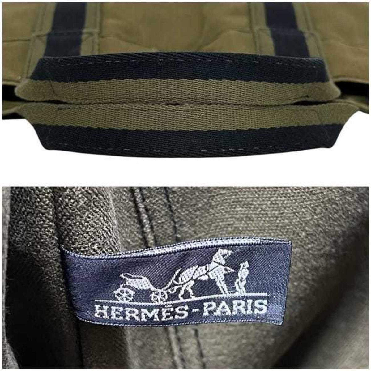 Hermes Green Khaki Navy Canvas Tote Bag (Pre-Owned)