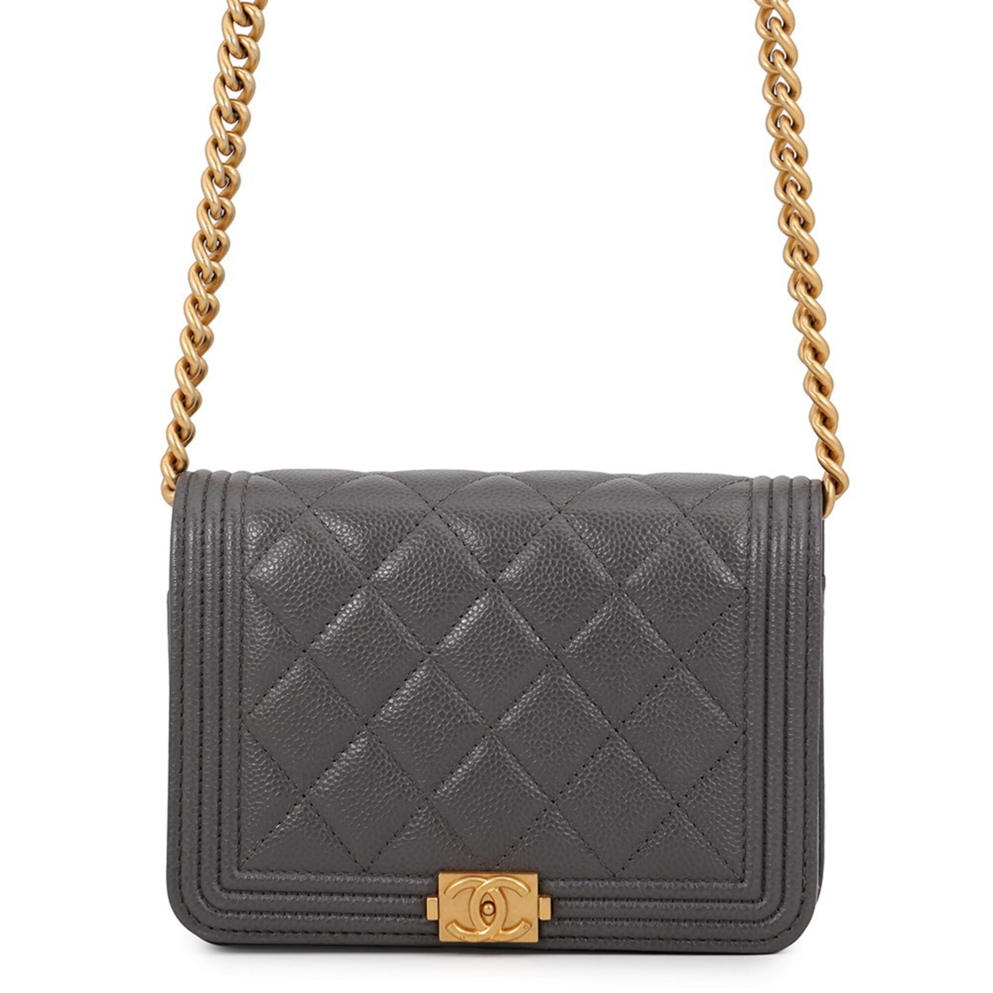 Chanel Gray Grained Calfskin Chain/Shoulder Wallet (Pre-Owned)