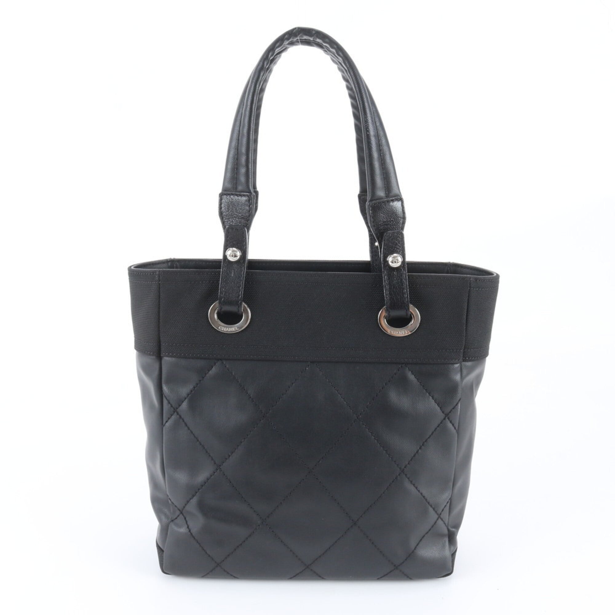 Chanel Black Leather Canvas Shoulder Bag Tote Bag (Pre-Owned)