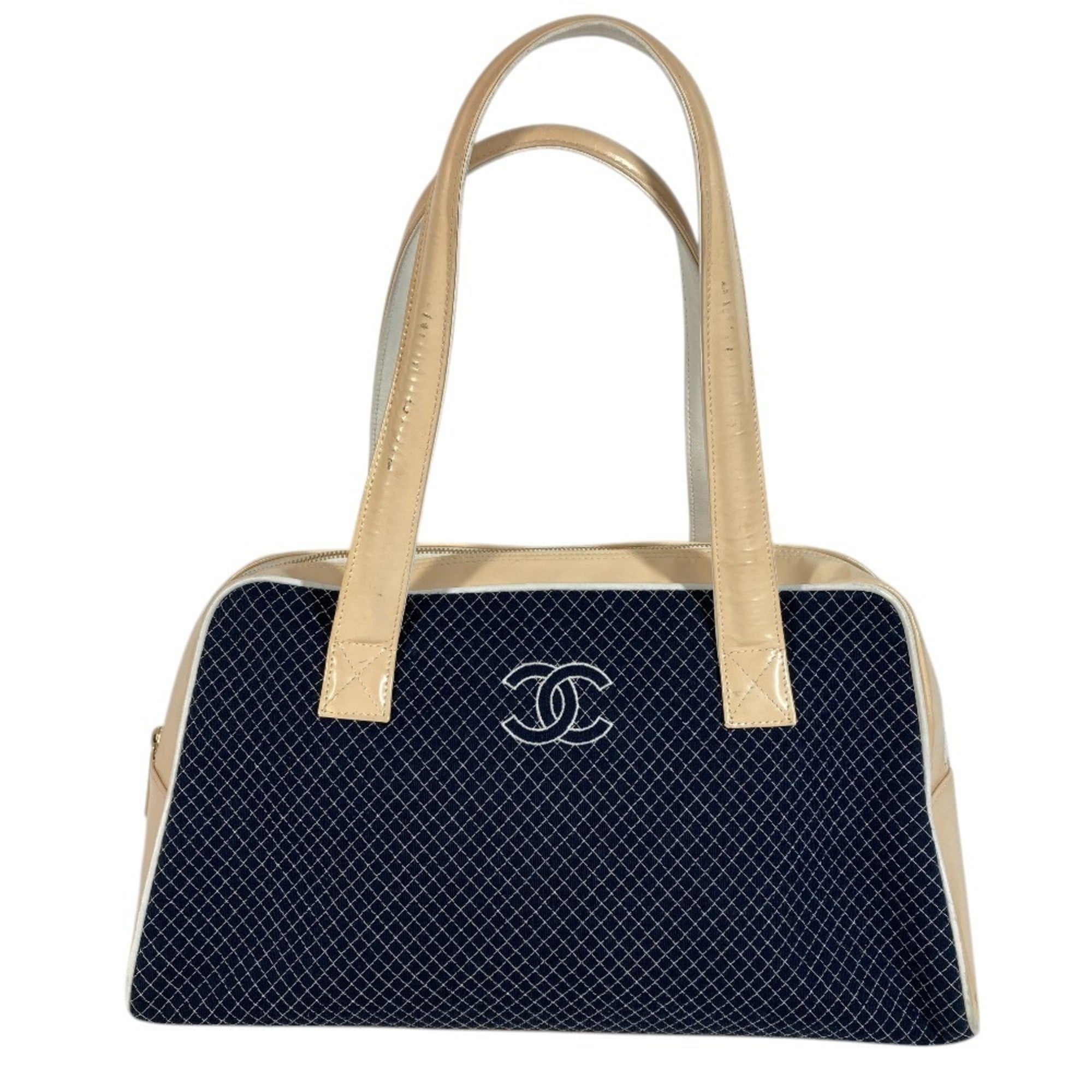 Chanel Navy White Canvas Boston Bag Shoulder Bag Sports Bag Tote Bag (Pre-Owned)