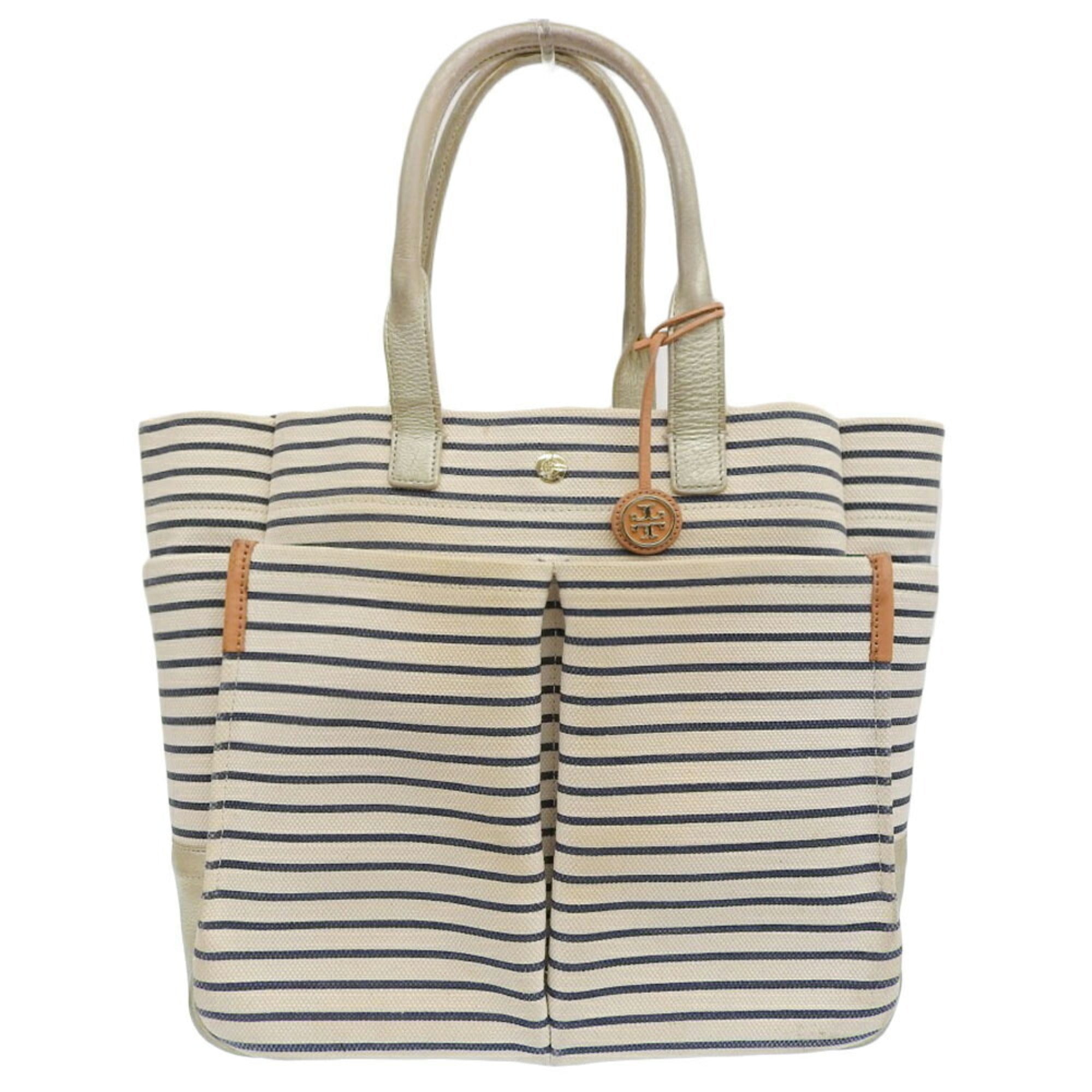 Tory Burch Navy White Canvas Handbag Tote Bag (Pre-Owned)