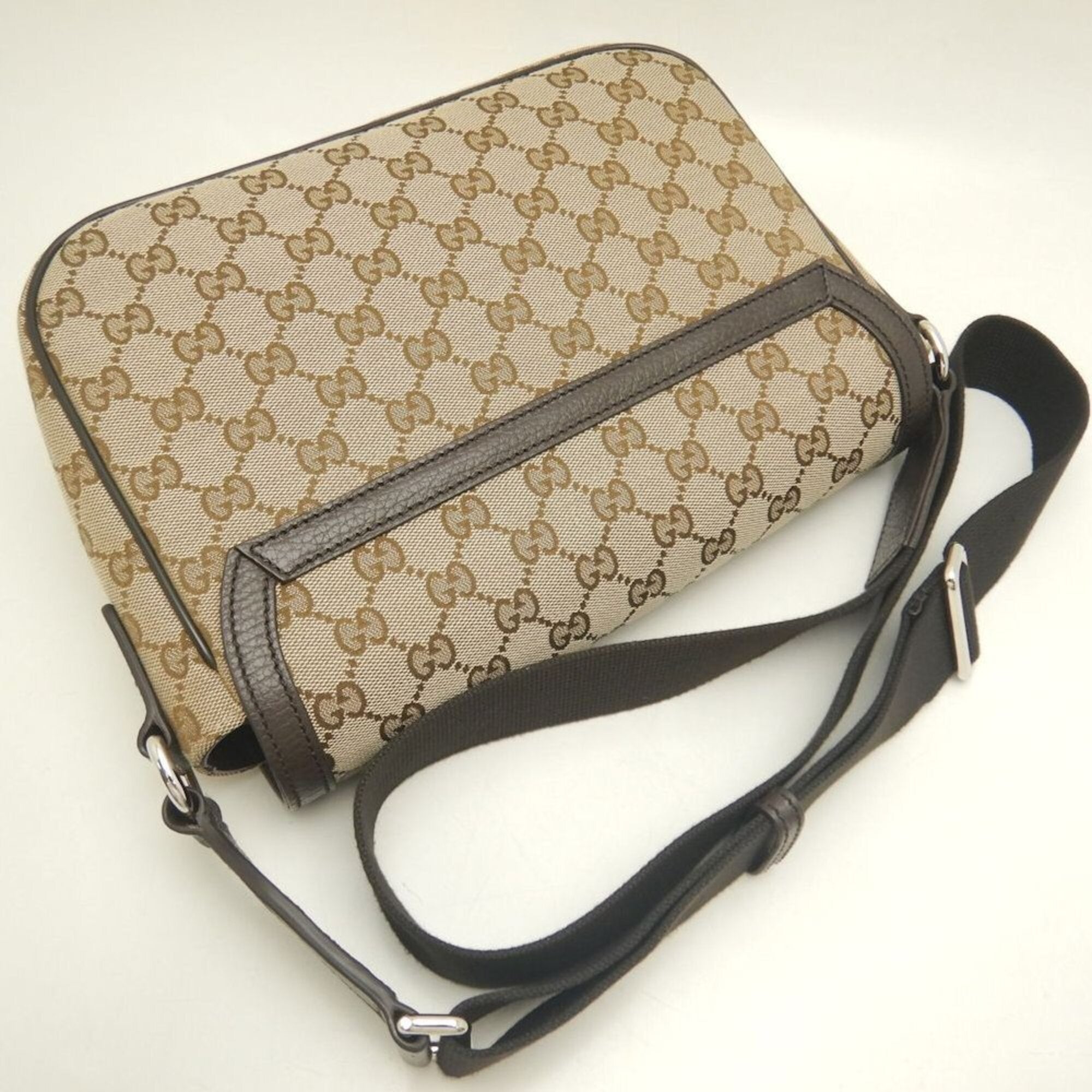 Gucci Gg Canvas Beige Dark Brown Gg Canvas Leather Messenger Bag Shoulder Bag (Pre-Owned)