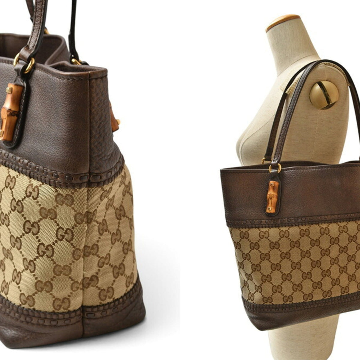 Gucci Beige Brown Gg Canvas Leather Tote Bag (Pre-Owned)