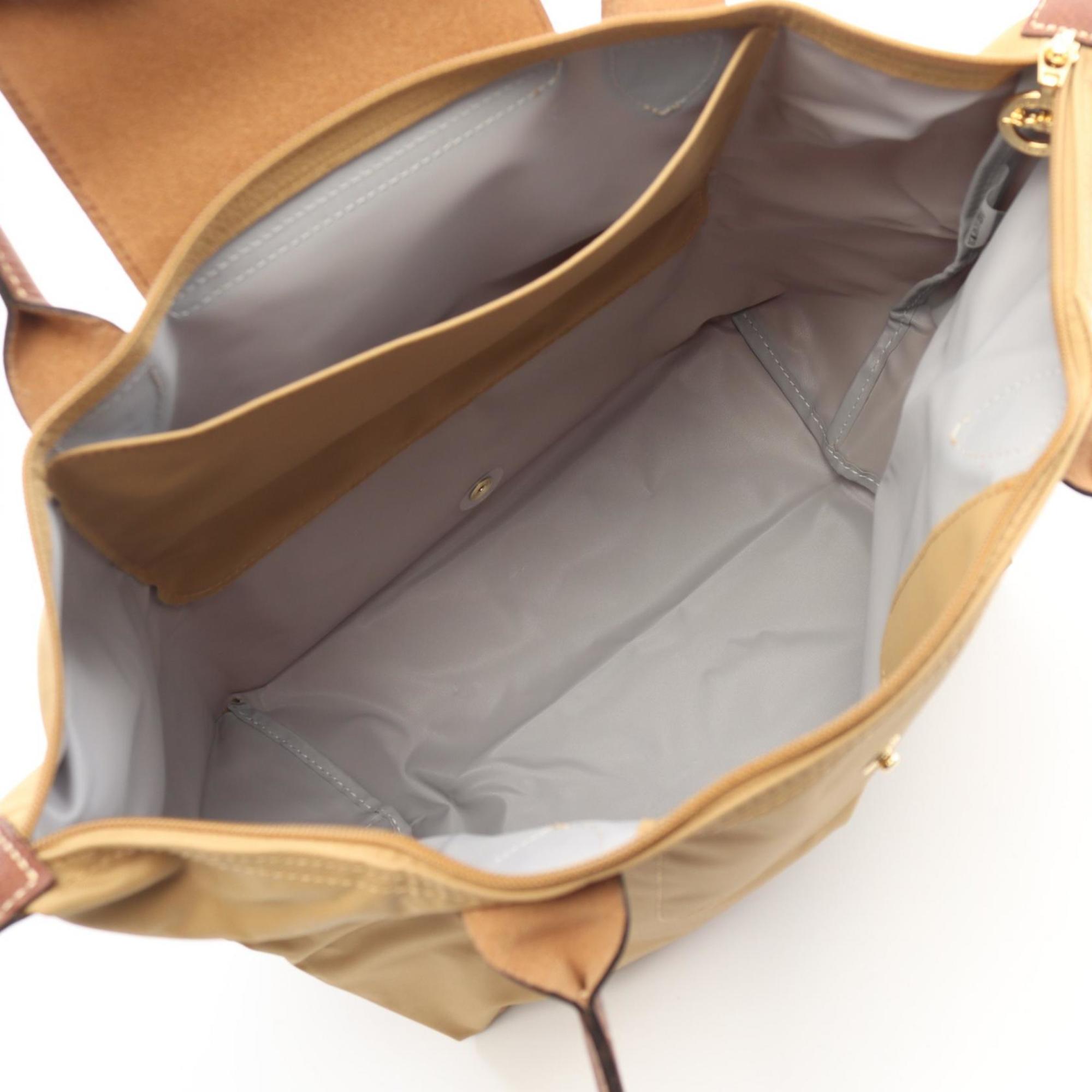 Longchamp Beige Brown Canvas Leather Tote Bag (Pre-Owned)