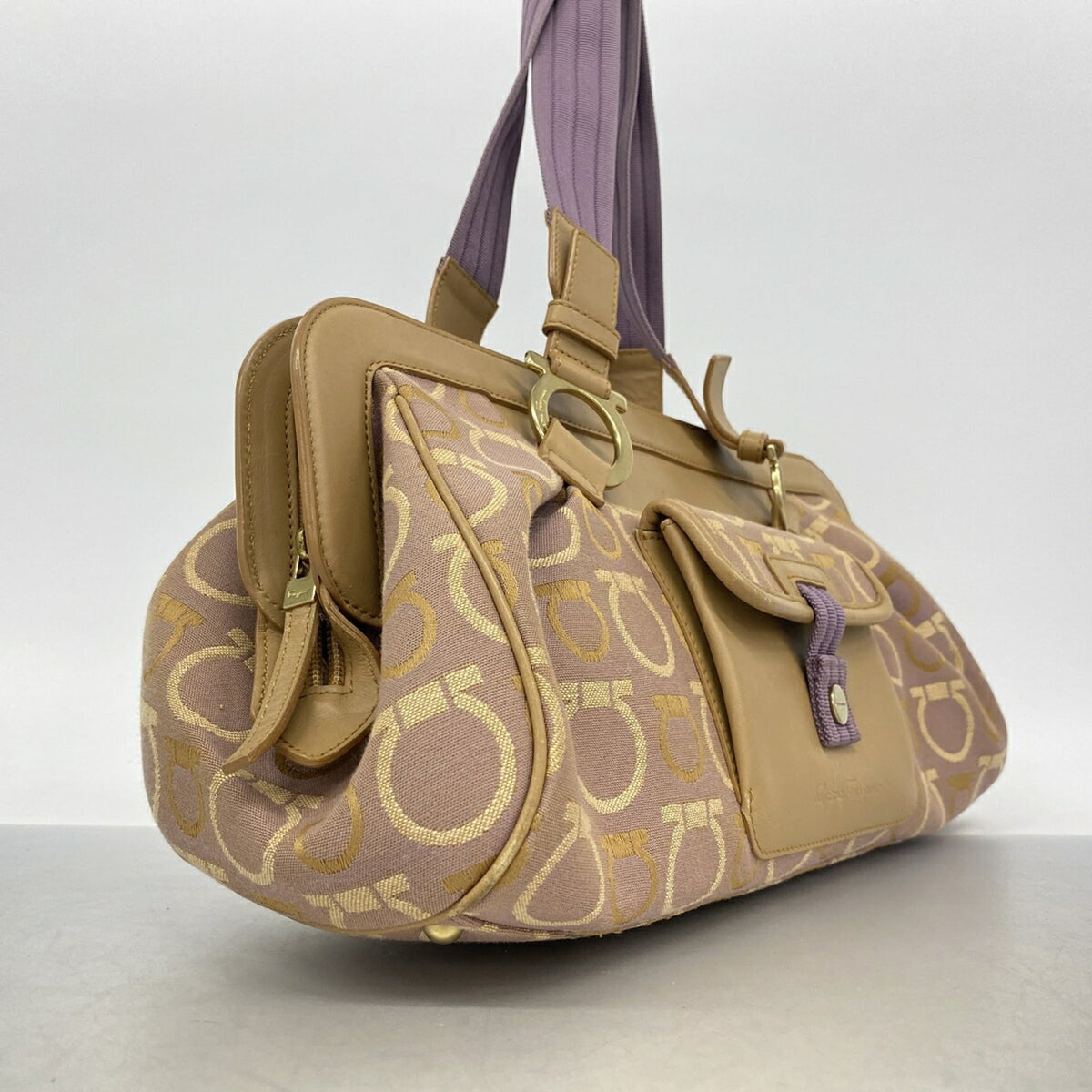 Salvatore Ferragamo Beige Purple Canvas Handbag (Pre-Owned)