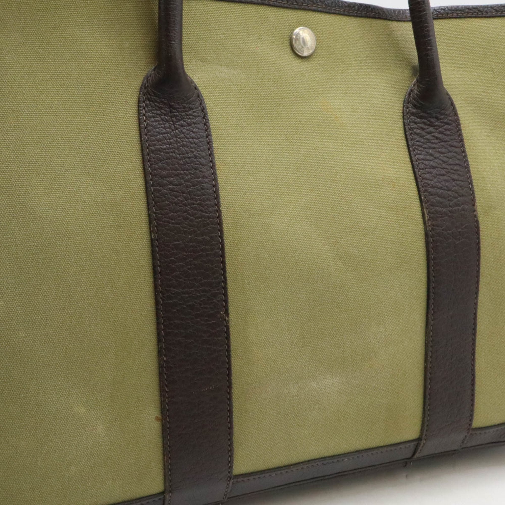 Hermes Garden Dark Brown Khaki Toile Officier Leather Handbag Tote Bag (Pre-Owned)