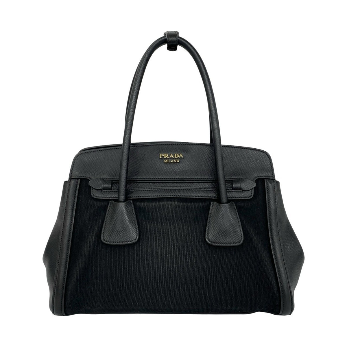 Prada Black Leather Canvas Handbag Shoulder Bag Tote Bag (Pre-Owned)