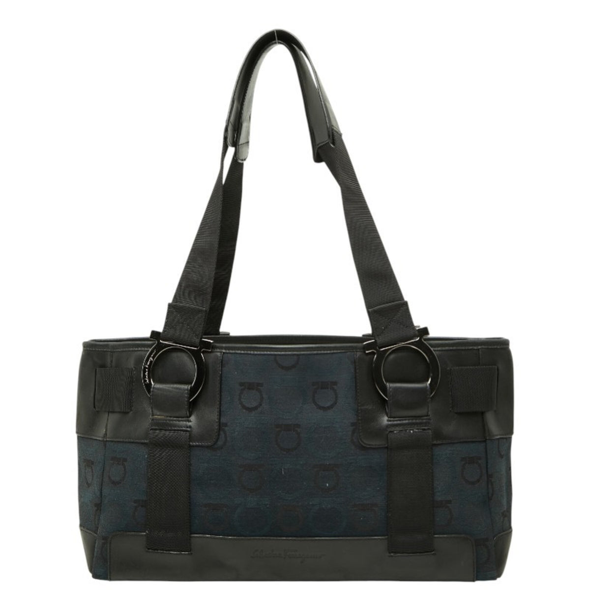 Salvatore Ferragamo Black Navy Canvas Handbag Tote Bag (Pre-Owned)