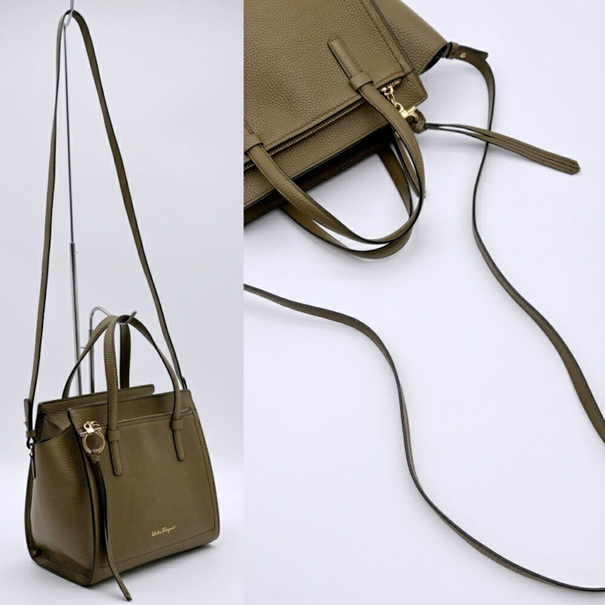Salvatore Ferragamo Khaki Leather Shoulder Bag Tote Bag (Pre-Owned)