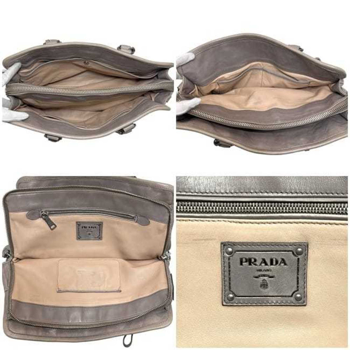 Prada Gray Nappa Leather Leather Handbag Shoulder Bag Tote Bag (Pre-Owned)