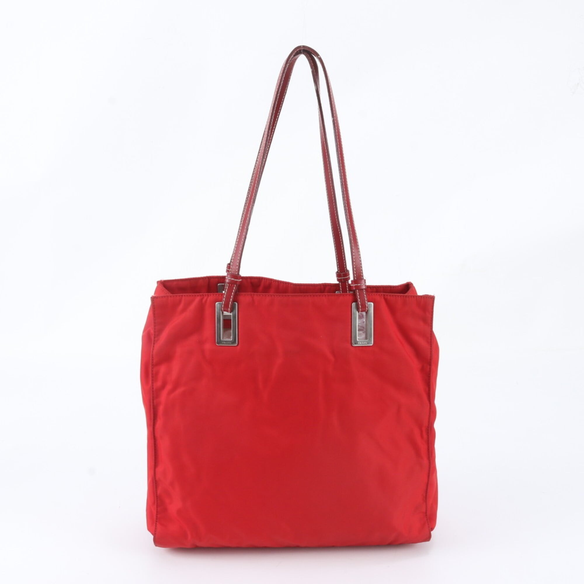 Prada Red Color Nylon Leather Shoulder Bag Tote Bag (Pre-Owned)