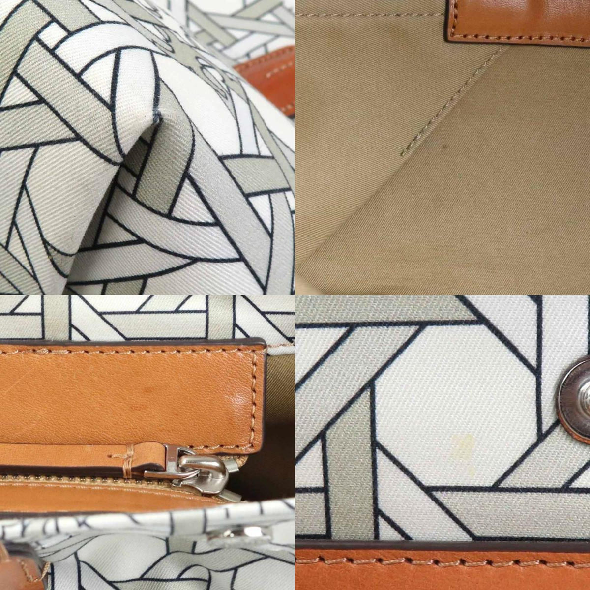 Tory Burch Brown White Nylon Canvas Leather Handbag Shoulder Bag (Pre-Owned)