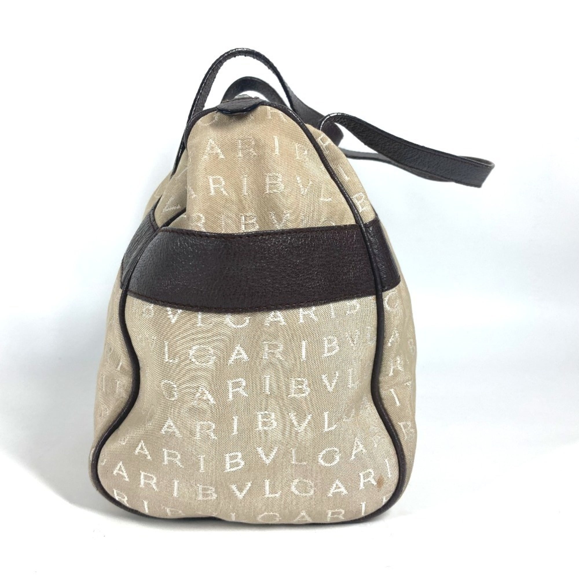 Bvlgari Beige Dark Brown Leather Canvas Boston Bag Shoulder Bag (Pre-Owned)