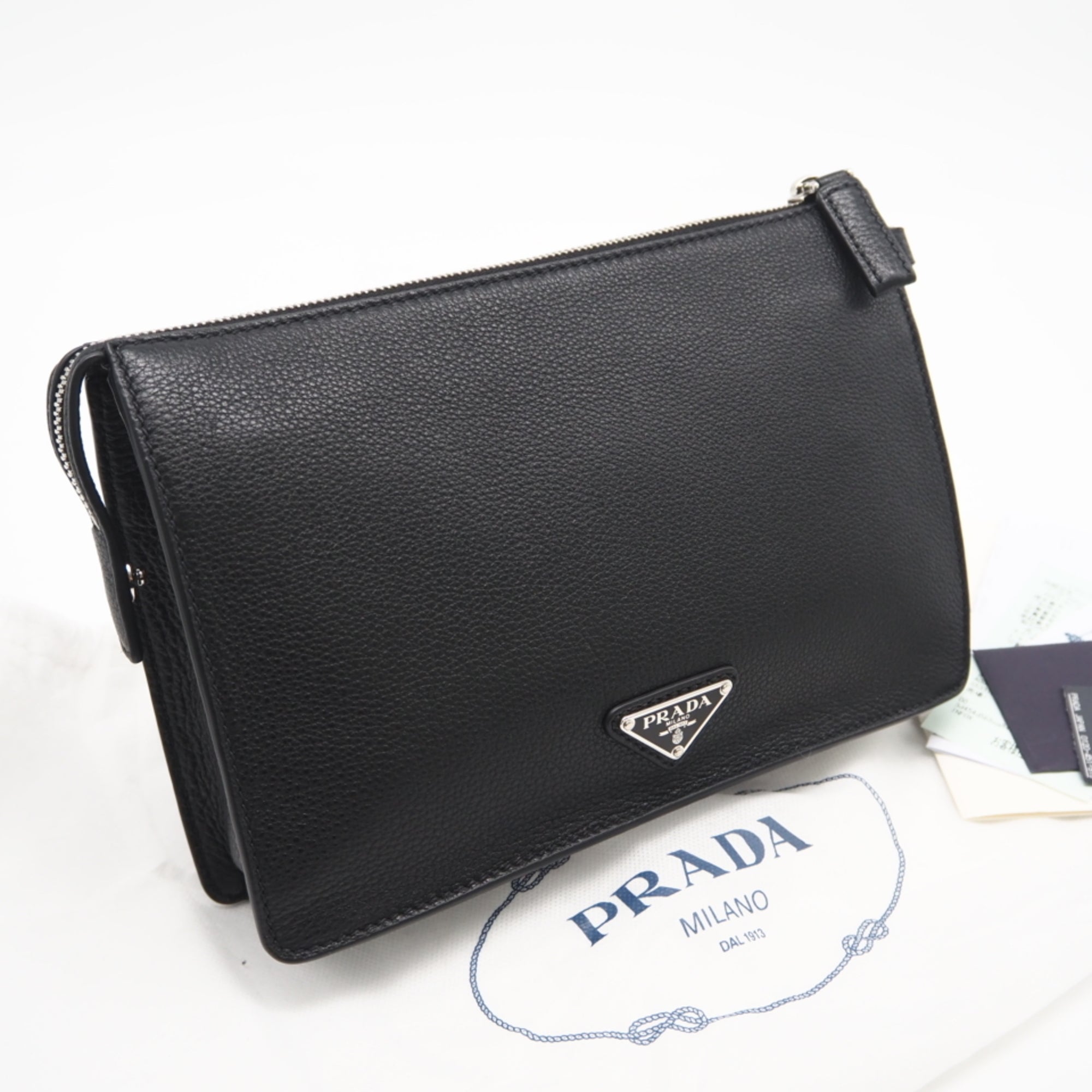 Prada Black Leather Beach Bag Clutch Bag (Pre-Owned)
