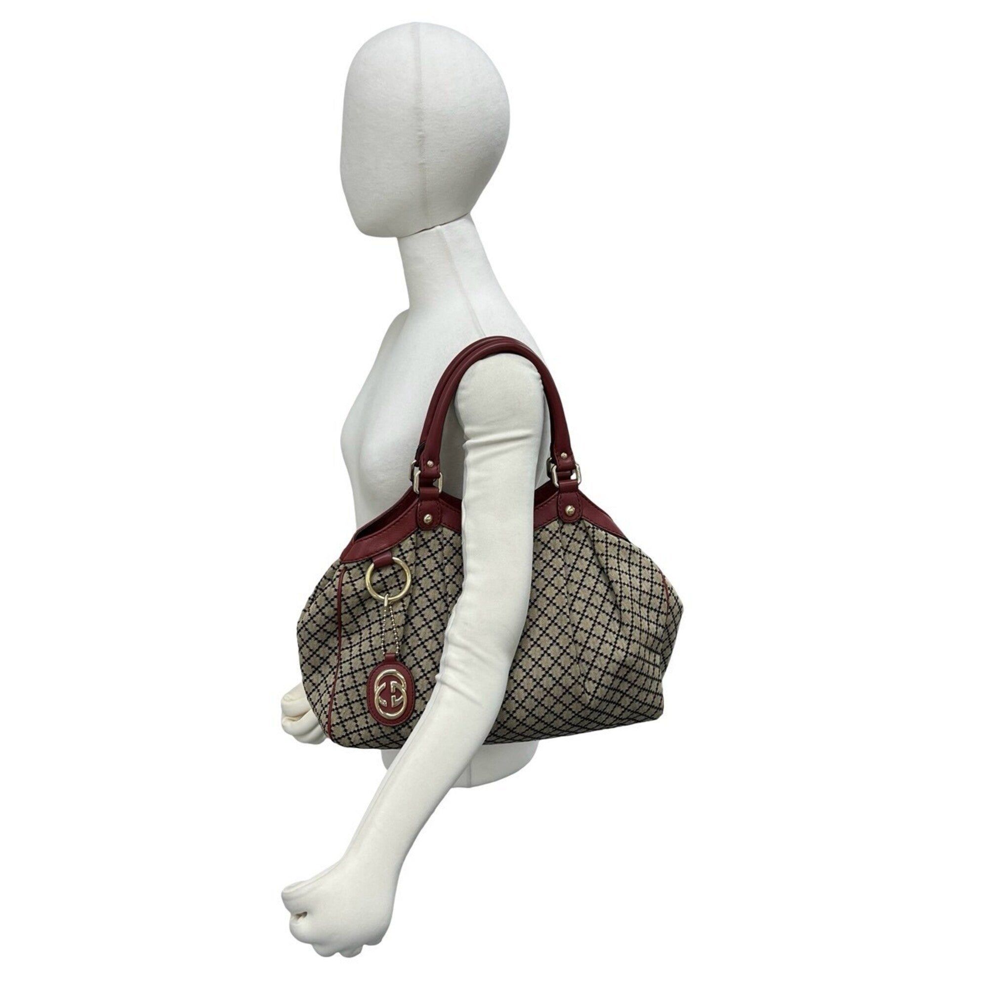 Gucci Beige Red Color Canvas Leather Handbag Shoulder Bag Tote Bag (Pre-Owned)
