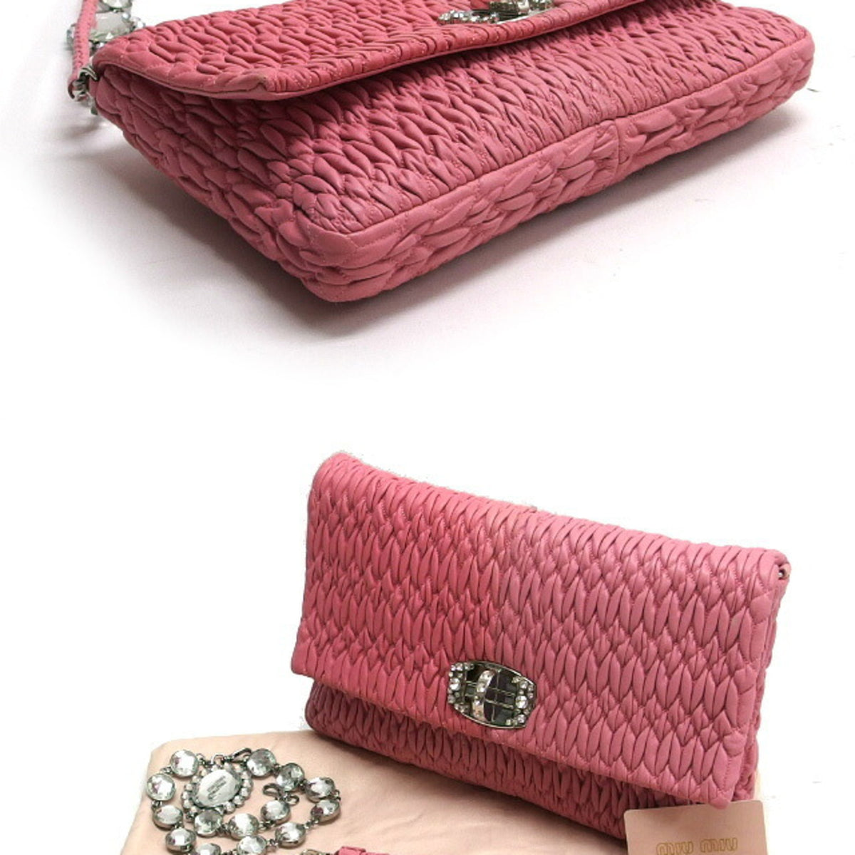 Miu Miu Matelasse Clear Pink Leather Clutch Bag Shoulder Bag (Pre-Owned)