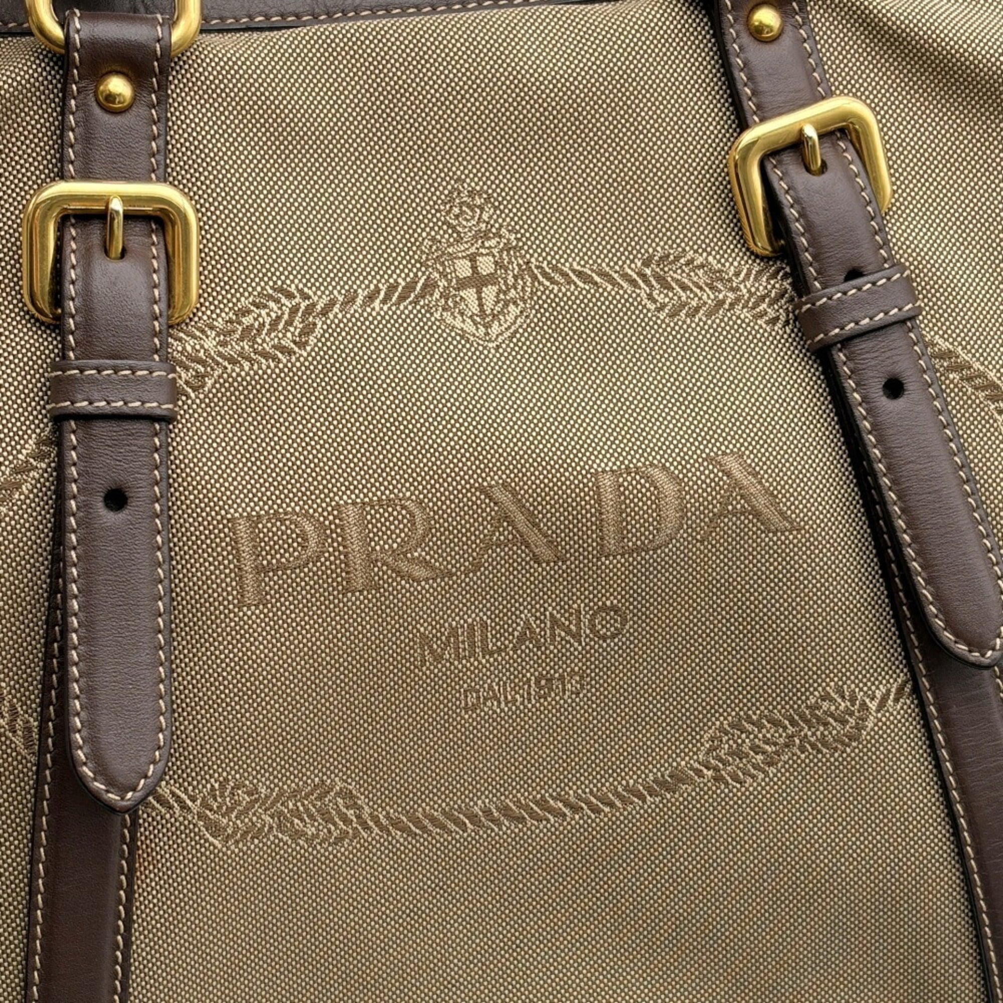 Prada Beige Dark Brown Canvas Leather Tote Bag (Pre-Owned)