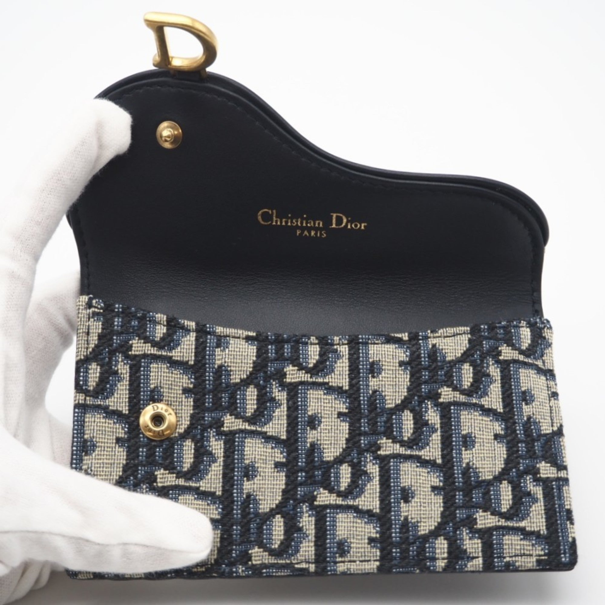 Christian Dior Beige Navy Canvas Leather Card Wallet (Pre-Owned)