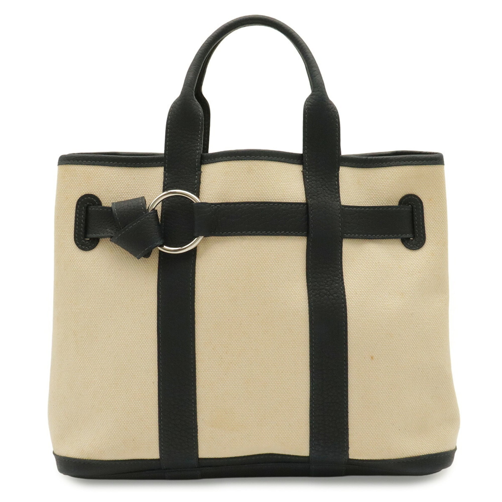 Hermes Natural Navy Canvas Leather Handbag Tote Bag (Pre-Owned)