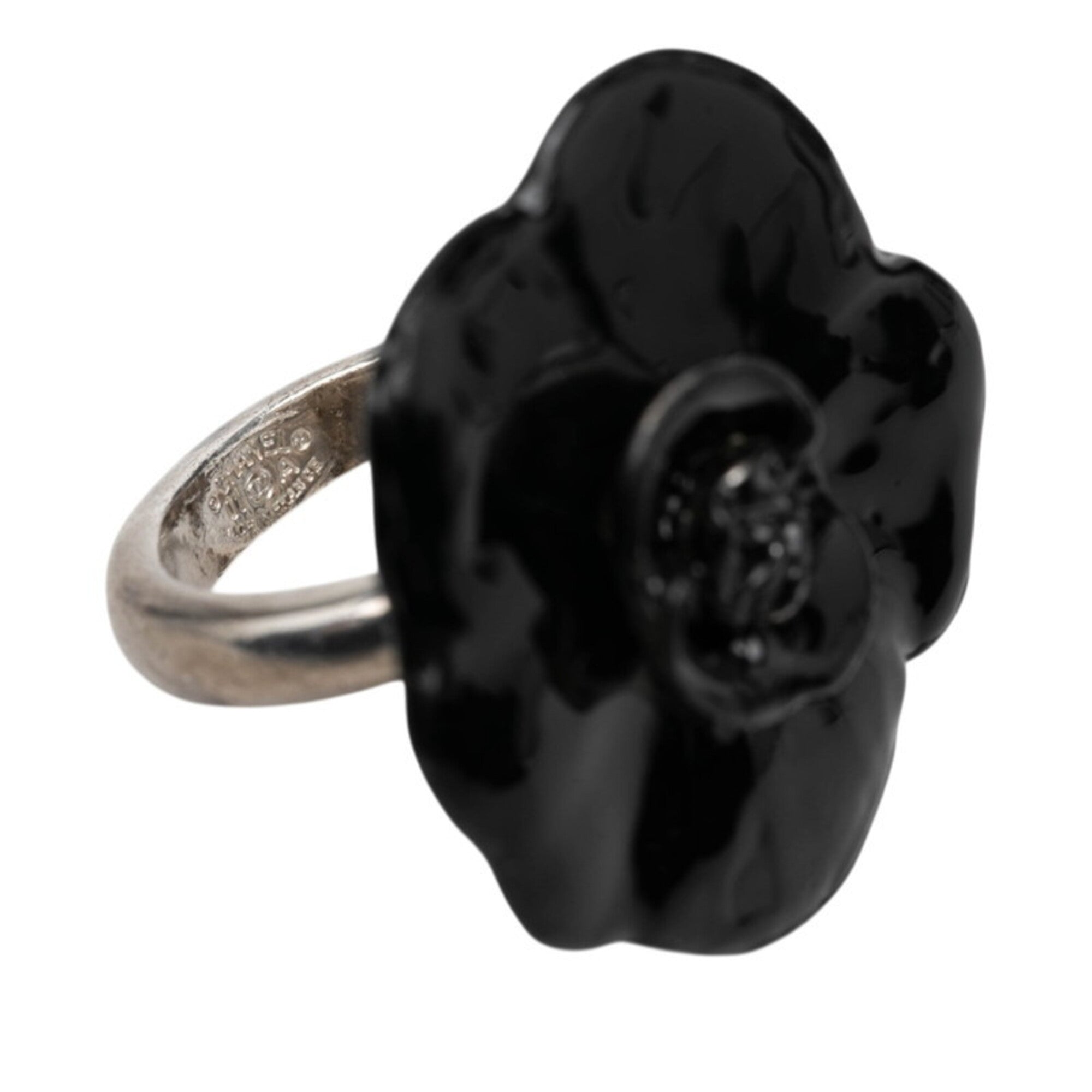 Chanel Silver Black Metal Band Ring (Pre-Owned)