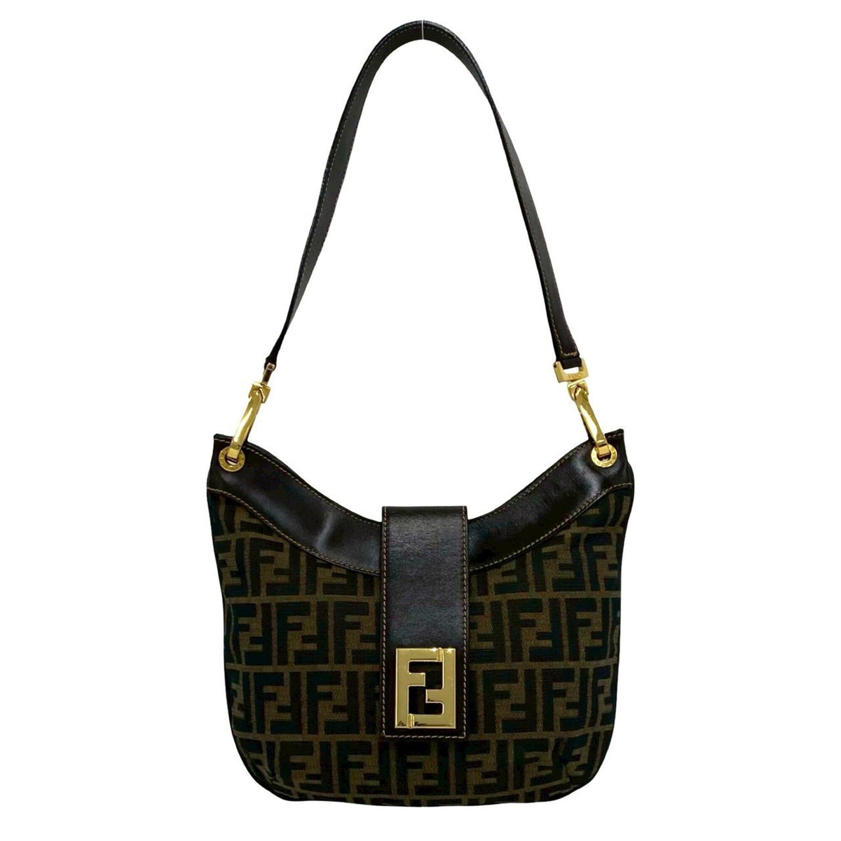 Fendi Black Brown Canvas Leather Shoulder Bag (Pre-Owned)