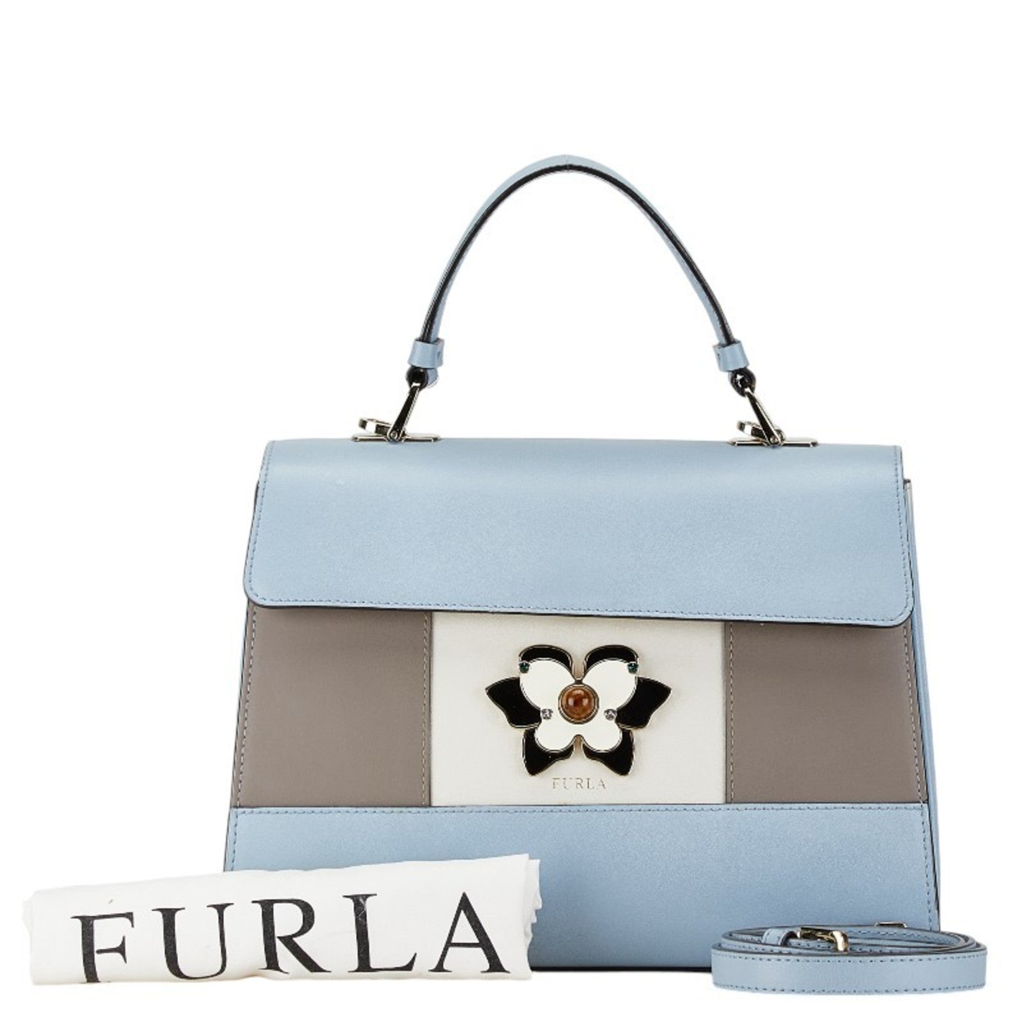 Furla Light Blue White Leather Handbag Shoulder Bag (Pre-Owned)