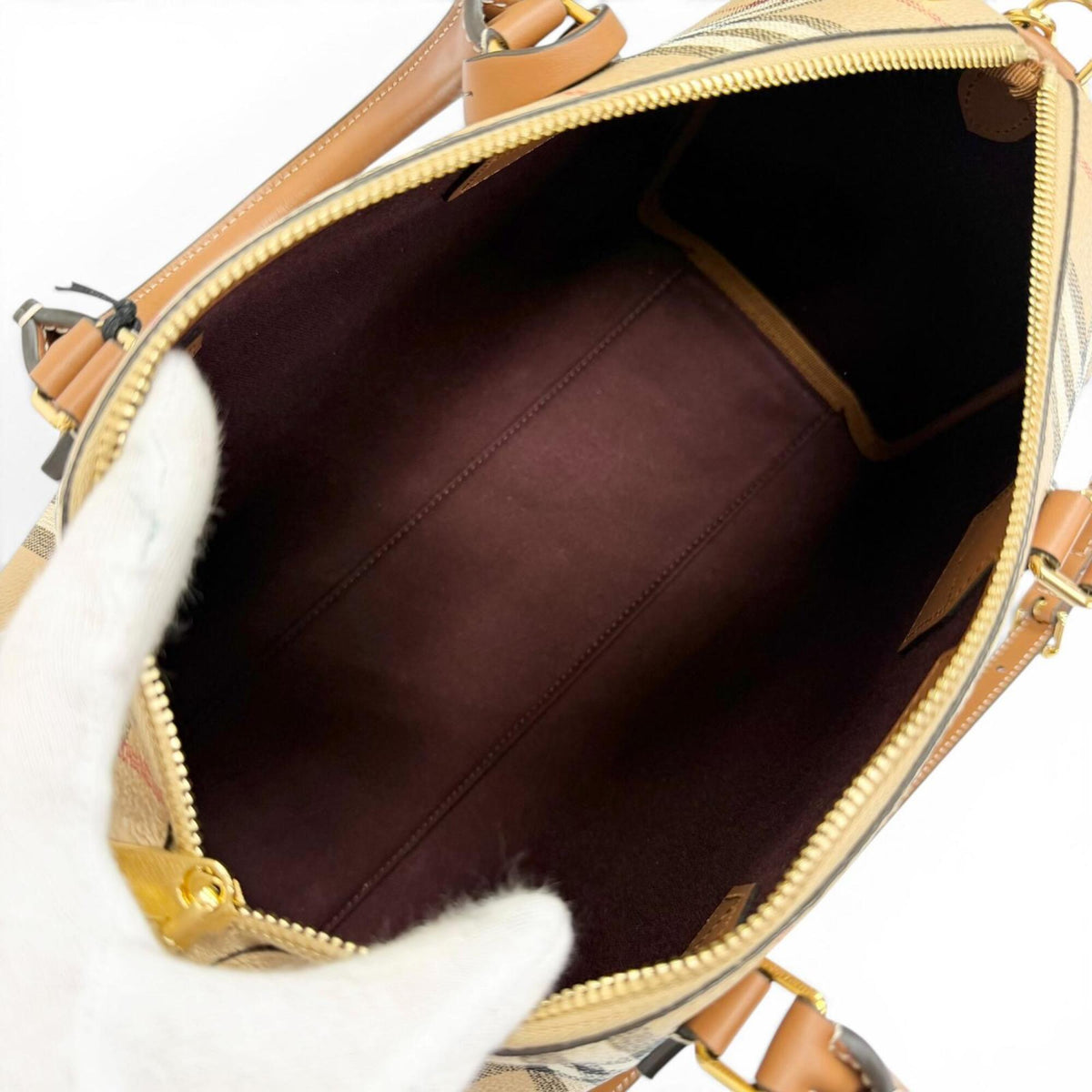 Burberry Beige Brown Leather Cotton Elastane Polyester Boston Bag Shoulder Bag (Pre-Owned)