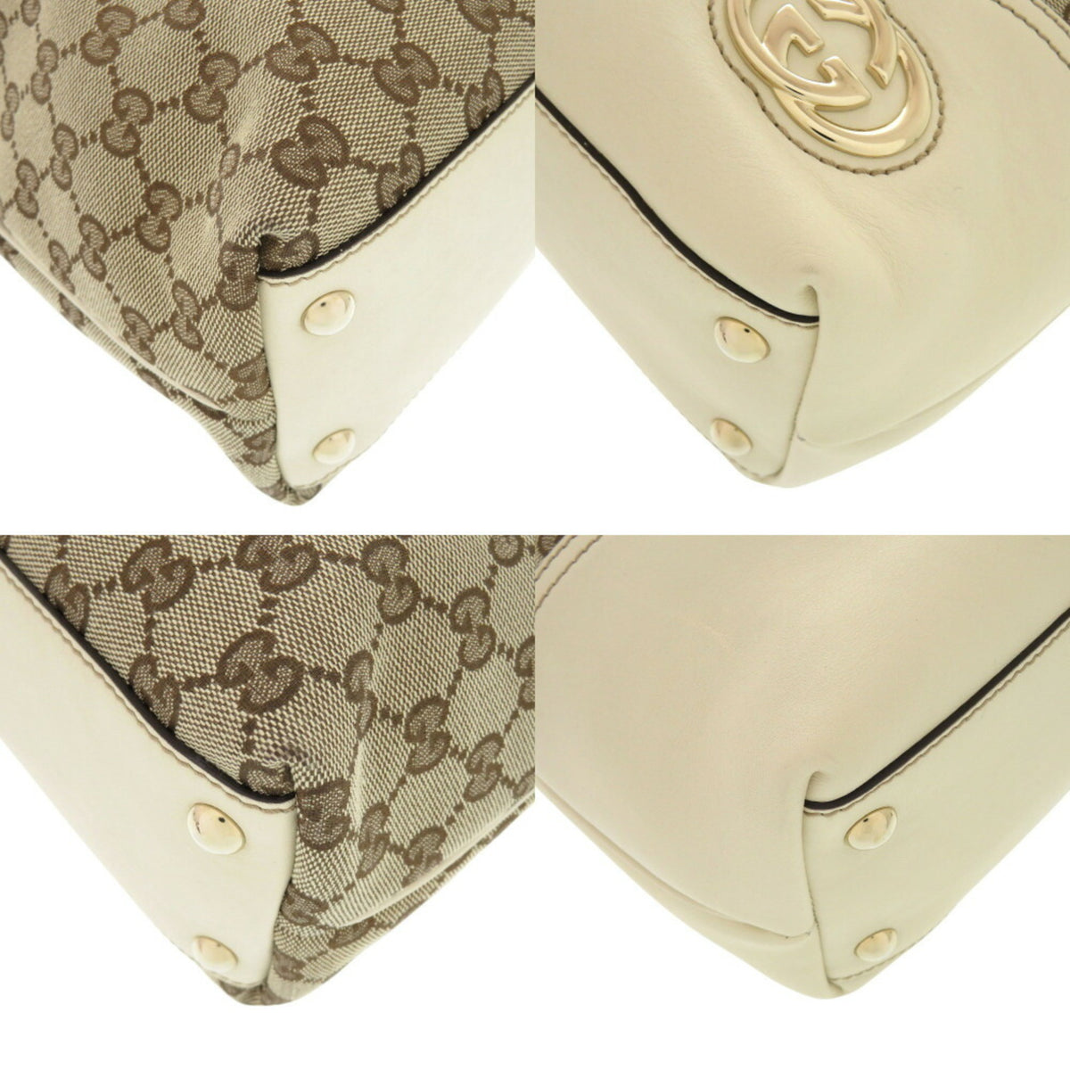 Gucci Beige White Gg Canvas Leather Tote Bag (Pre-Owned)