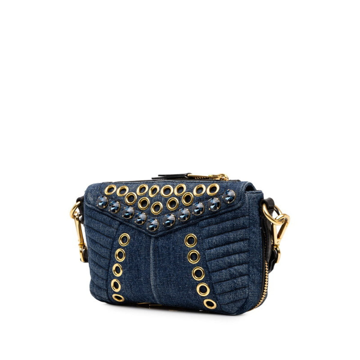 Miu Miu Black Blue Gold Denim Leather Shoulder Bag (Pre-Owned)