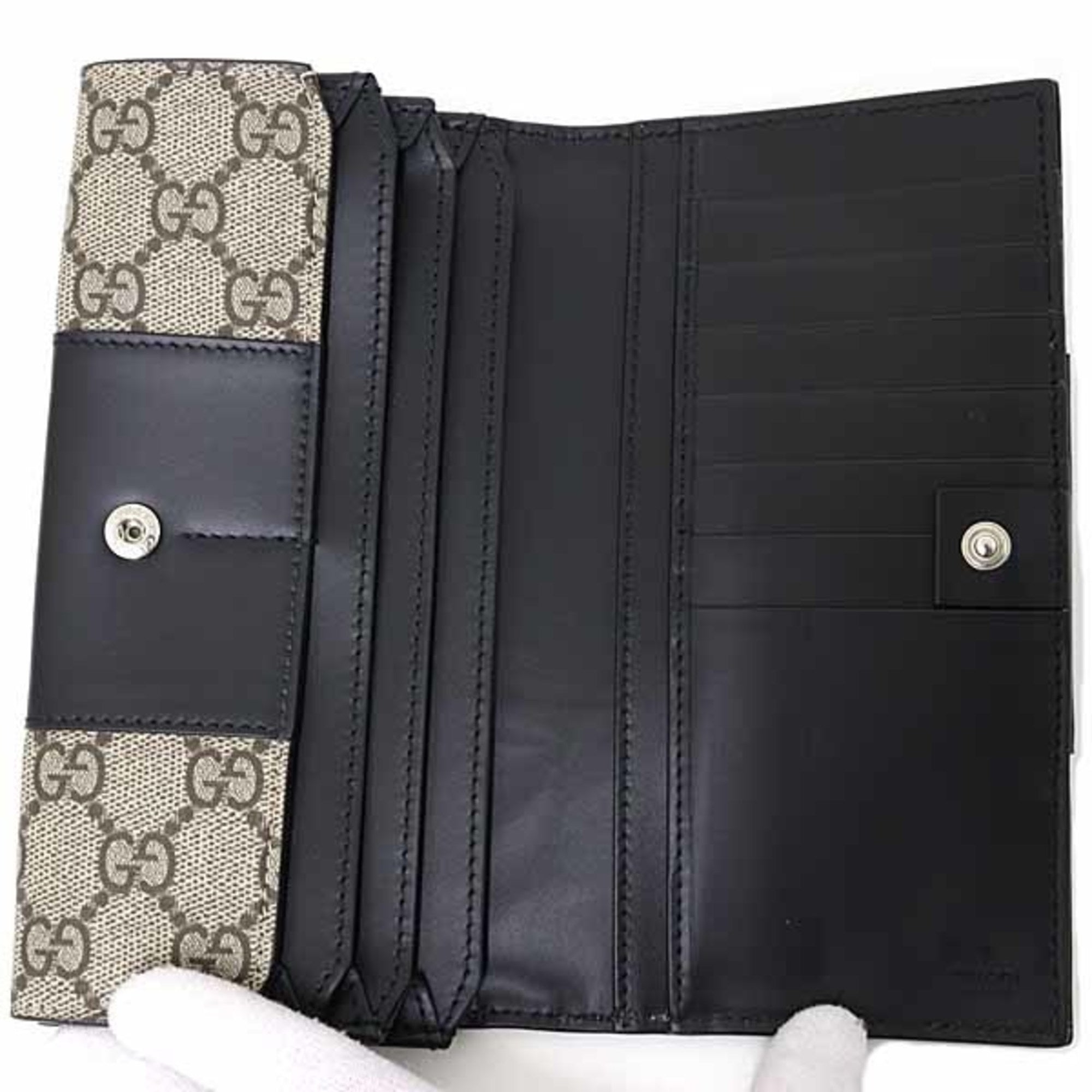 Gucci Beige Black Gg Supreme Leather Long Wallet (Bi-Fold) (Pre-Owned)