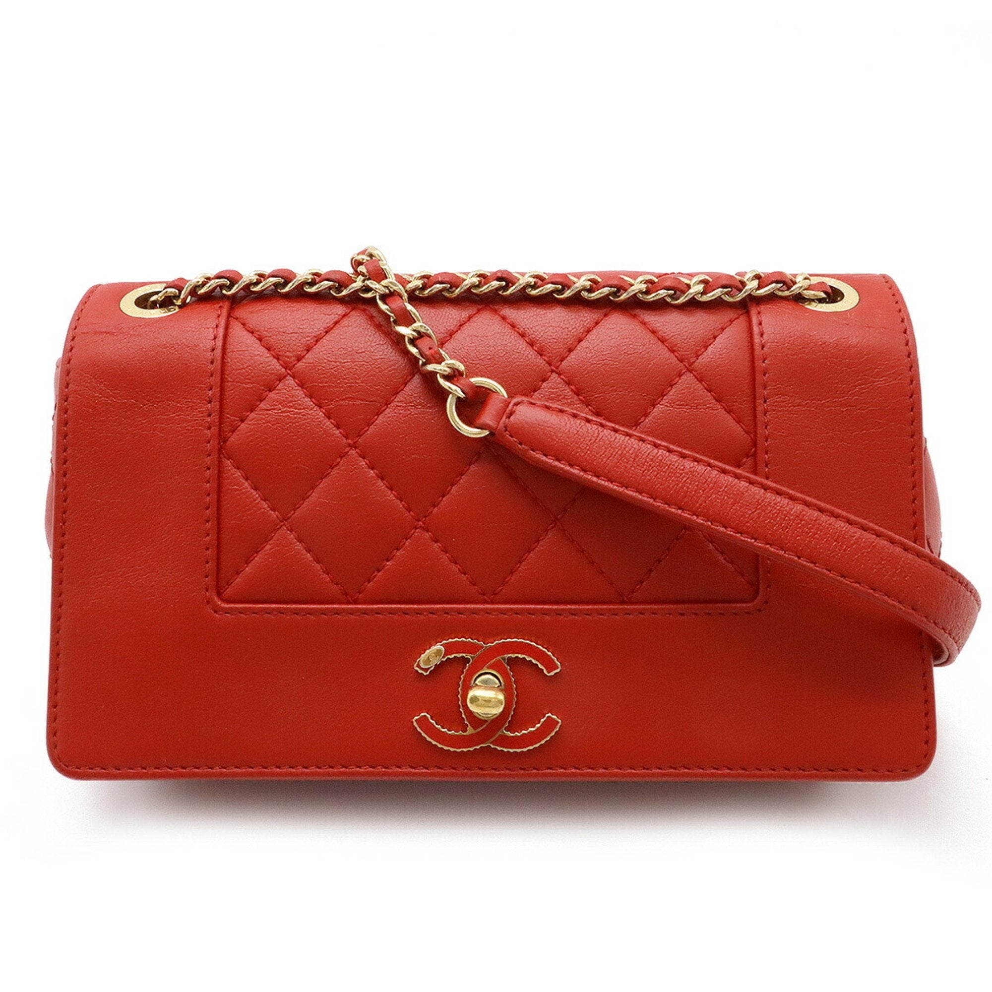 Chanel Matelasse Red Color Leather Pochette Shoulder Bag (Pre-Owned)