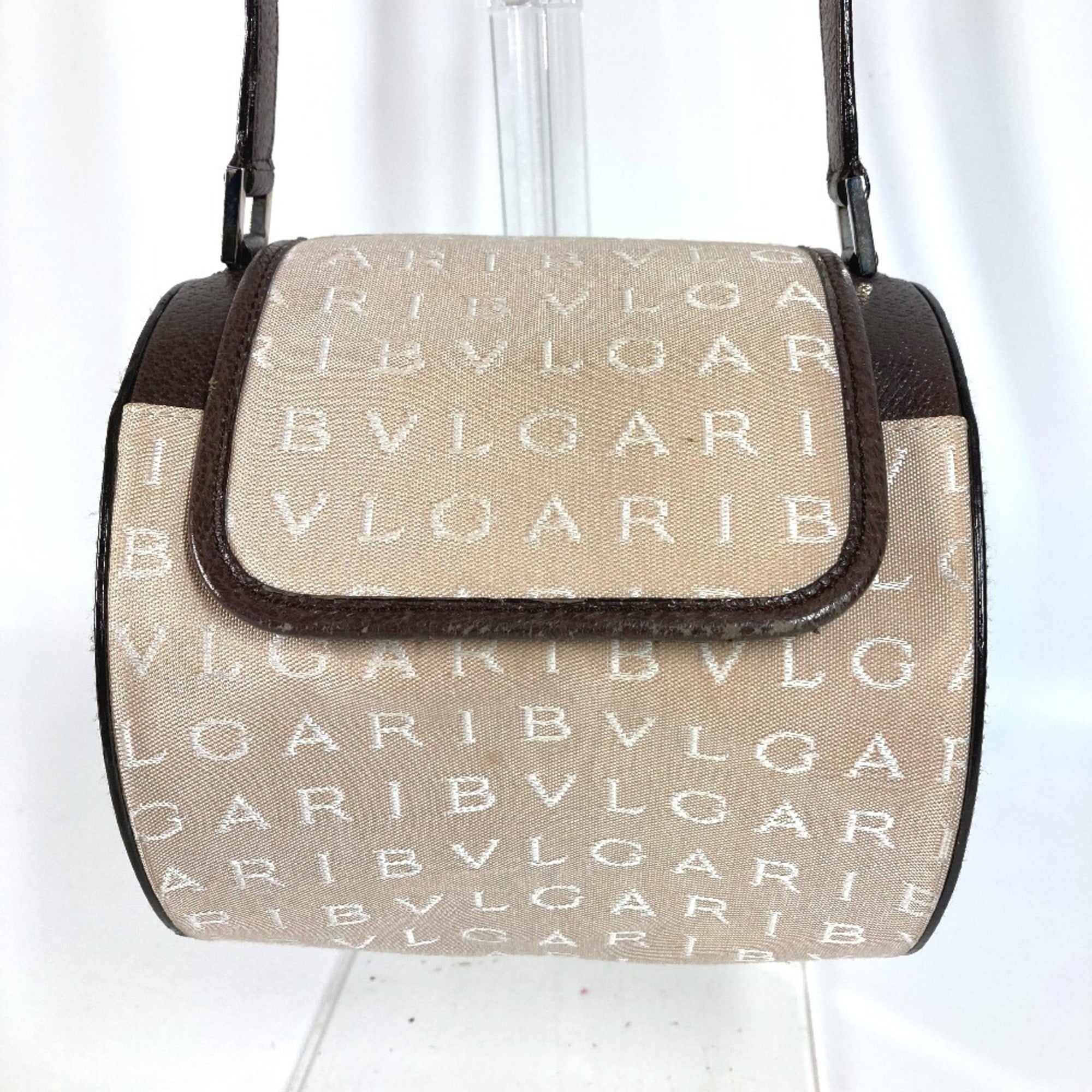 Bvlgari Bvlgari Bvlgari Beige Dark Brown Leather Canvas Handbag Shoulder Bag (Pre-Owned)