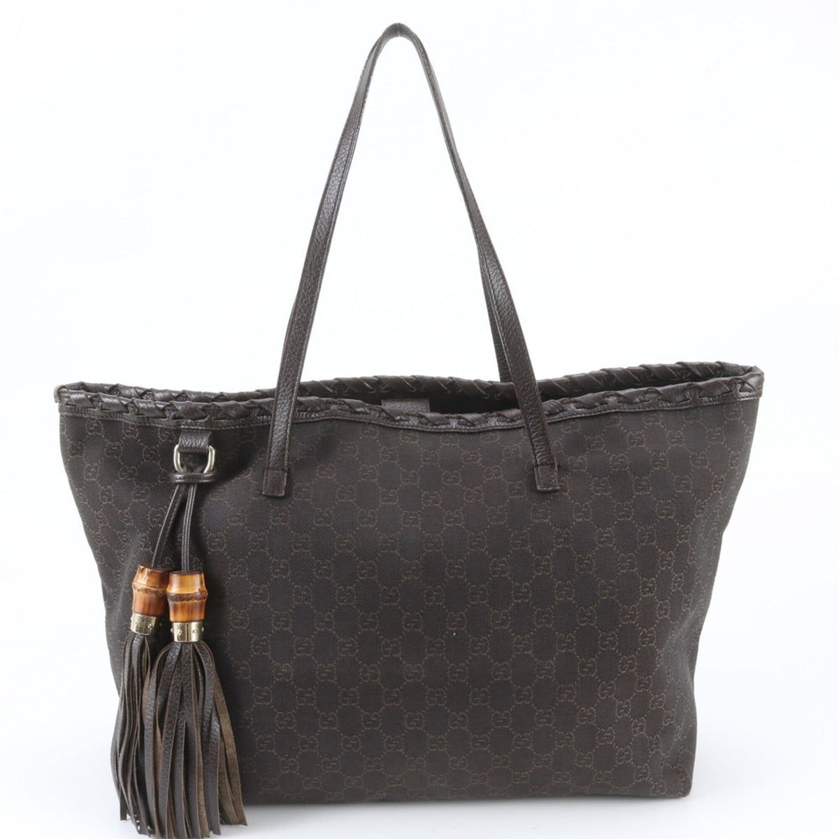 Gucci Brown Leather Canvas Shoulder Bag Tote Bag (Pre-Owned)