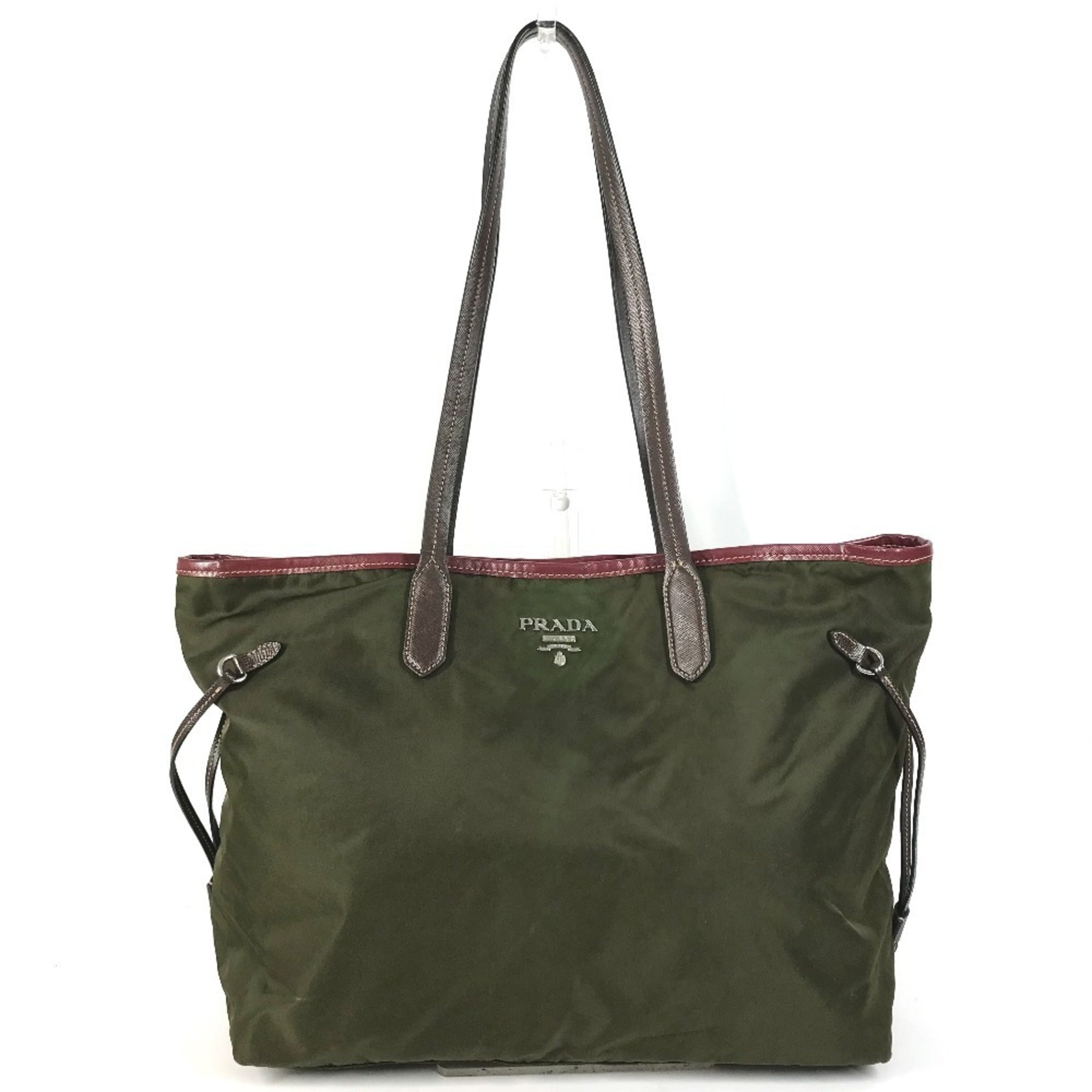 Prada Khaki Red Color Leather Nylon Shoulder Bag Tote Bag (Pre-Owned)