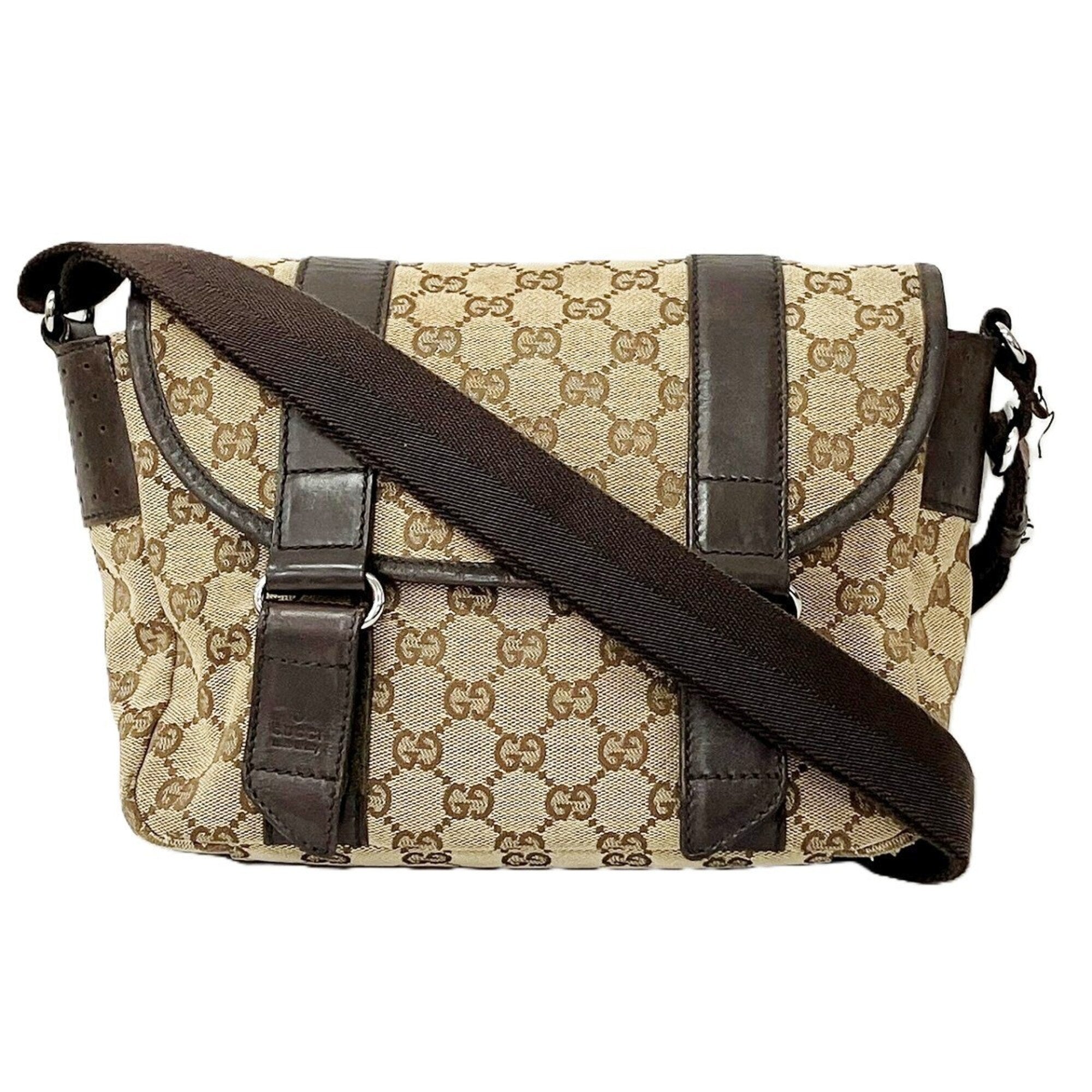 Gucci Gg Canvas Beige Brown Gg Canvas Leather Shoulder Bag (Pre-Owned)