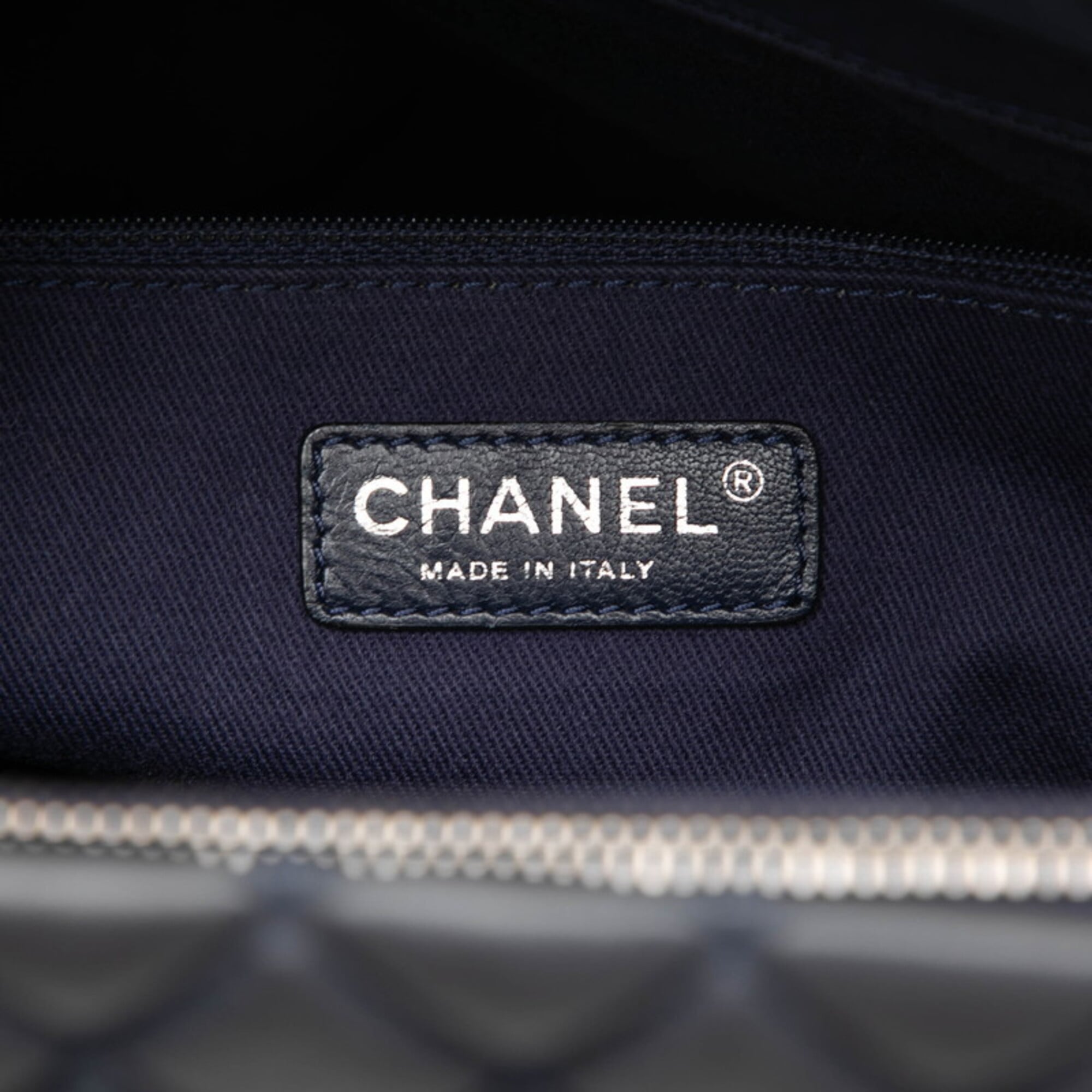 Chanel Navy Silver Leather Shoulder Bag Tote Bag (Pre-Owned)