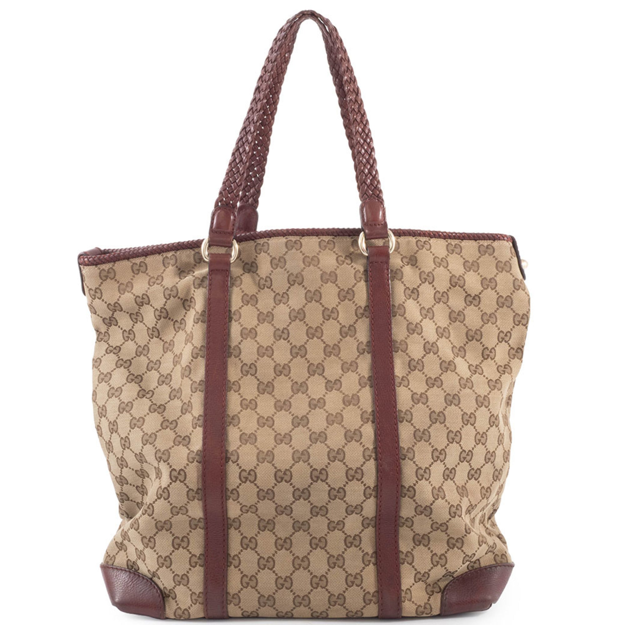 Gucci Gg Canvas Beige Brown Gg Canvas Leather Tote Bag (Pre-Owned)