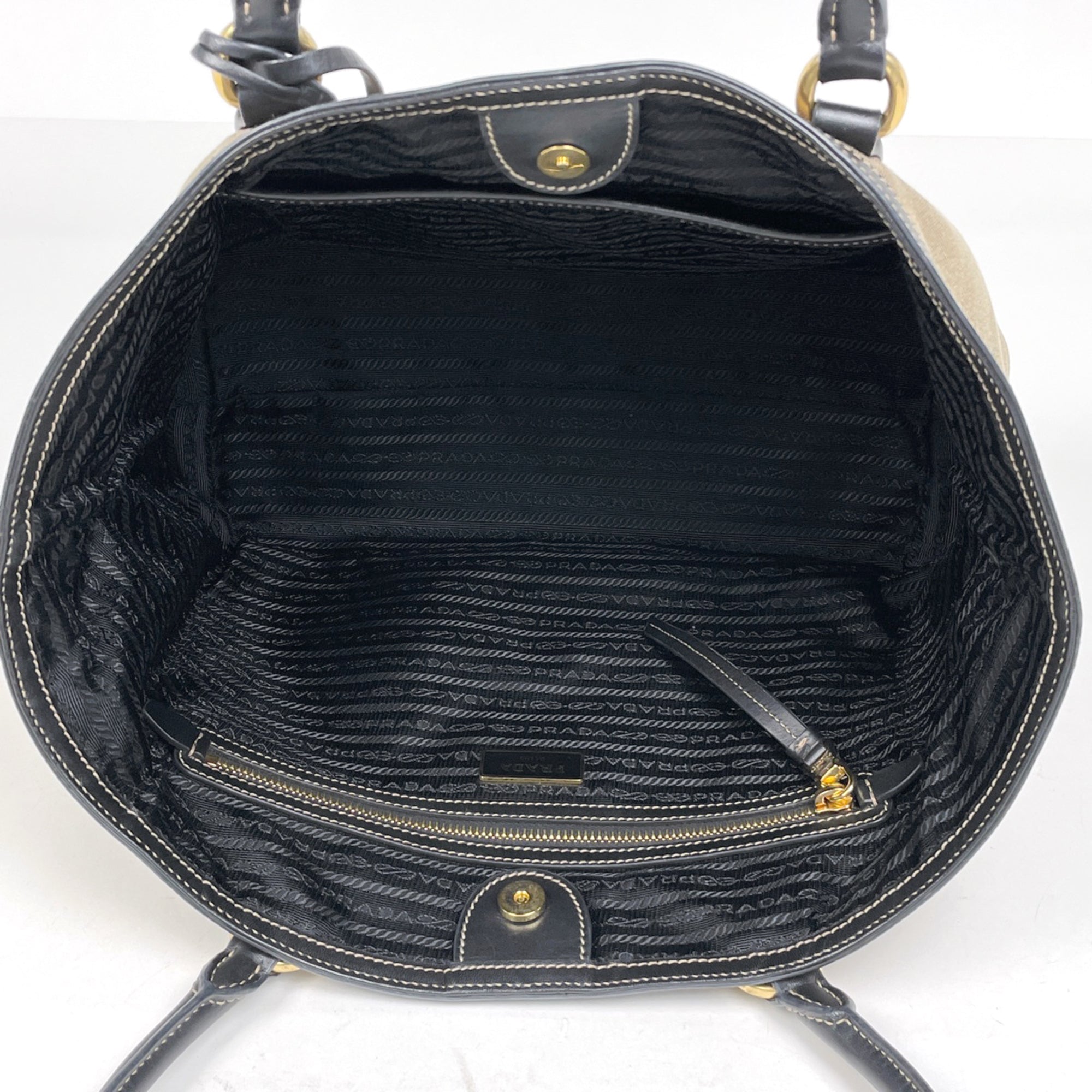 Prada Black Brown Canvas Leather Tote Bag (Pre-Owned)