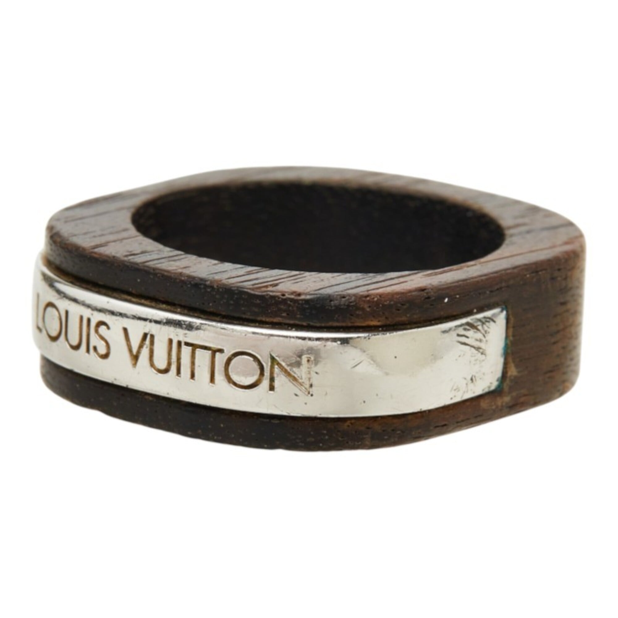 Louis Vuitton Silver Brown Metal Wood Band Ring (Pre-Owned)