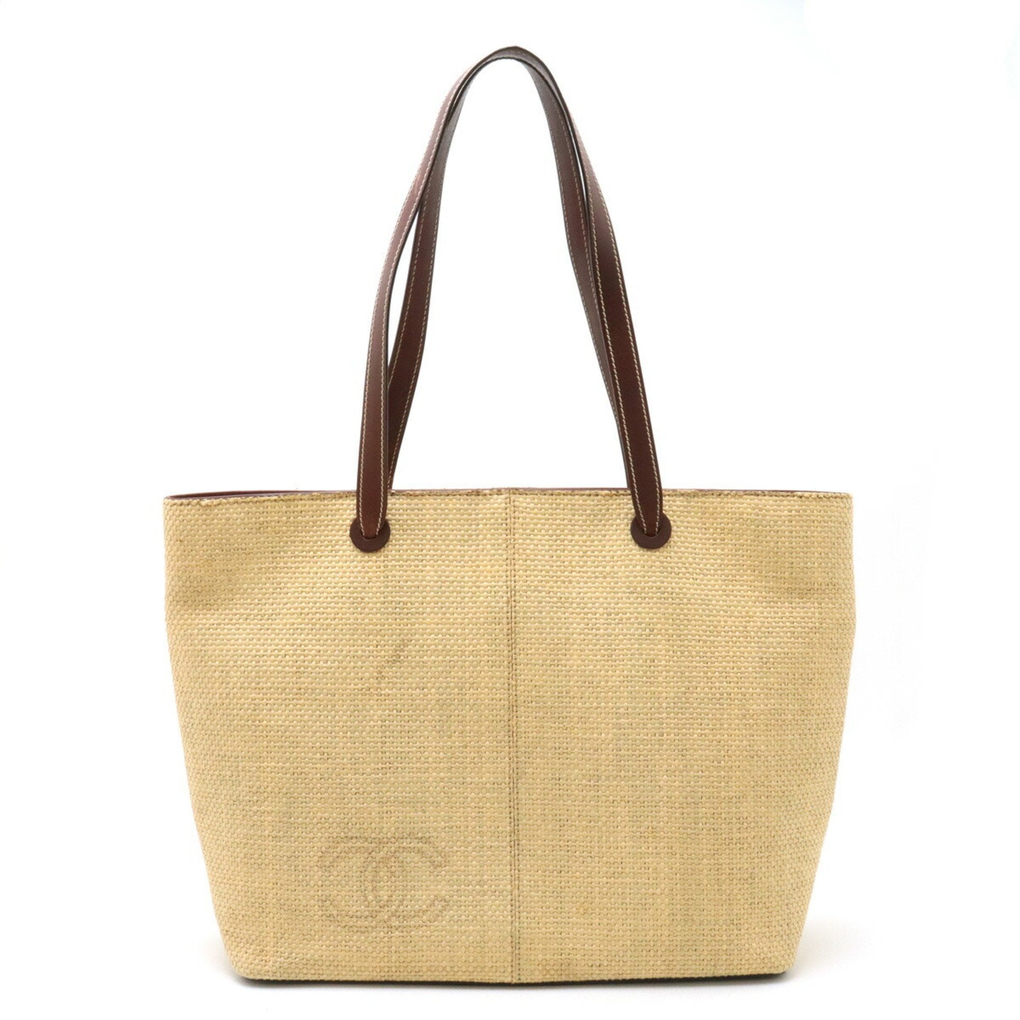 Chanel Dark Brown Straw Leather Shoulder Bag Tote Bag (Pre-Owned)