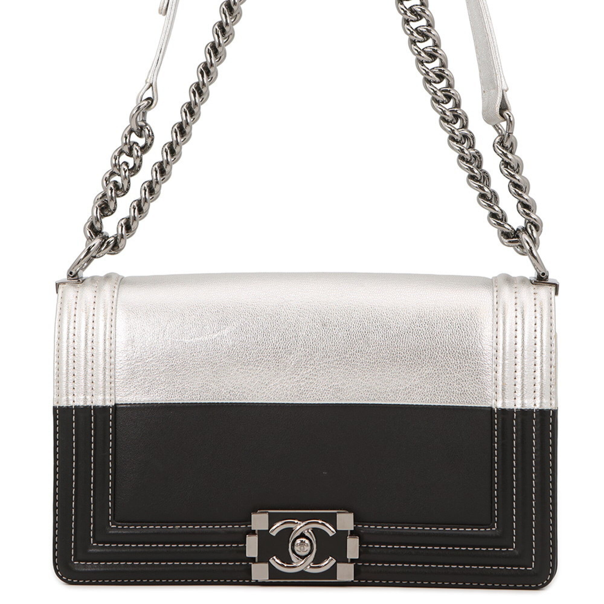 Chanel Boy Chanel Black Silver Leather Handbag Shoulder Bag (Pre-Owned)