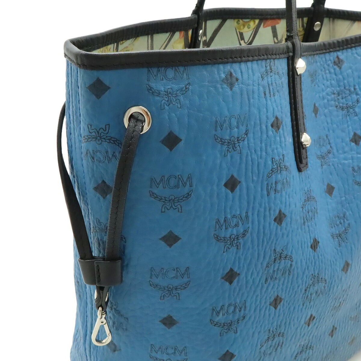 Mcm Black Blue Canvas Canvas Leather Shoulder Bag Tote Bag (Pre-Owned)